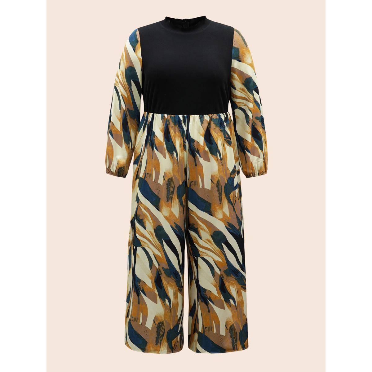 Plus Size Black Mock Neck Brush Print Patchwork Jumpsuit Women Resort Long Sleeve Mock Neck Vacation Loose Jumpsuits BloomChic 22-24/3X Product Image