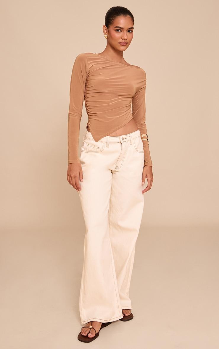 Tan Soft Touch Asymmetric Ruched Long Sleeve Top Product Image