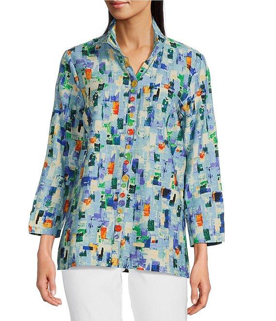 Ali Miles Abstract Tile Print Wire Collar 3/4 Sleeve Button-Front Tunic Product Image