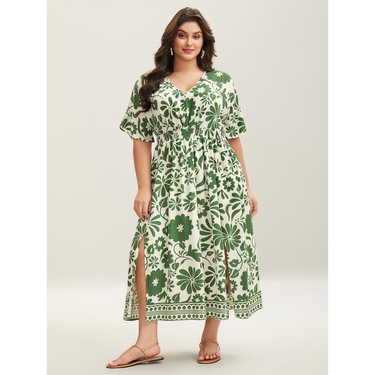 Plus Size Large Floral Print Pockets Midi Dress Truegreen Women Slit V-neck Short sleeve Curvy BloomChic 14-16/1X Product Image