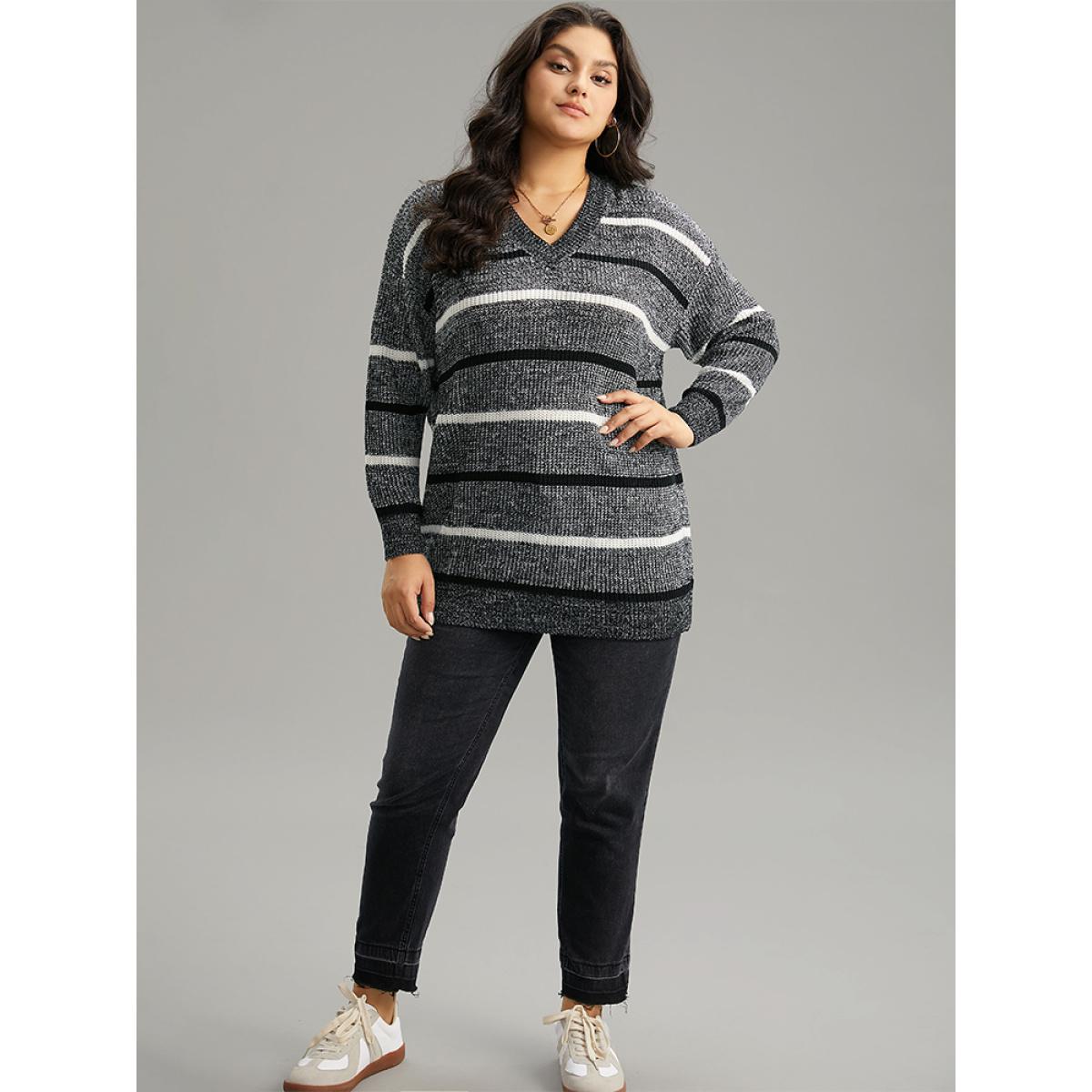 Plus Size V Neck Striped Contrast Heather Pullover Black Women Casual Loose Long Sleeve V-neck Dailywear Pullovers BloomChic 12/L Product Image