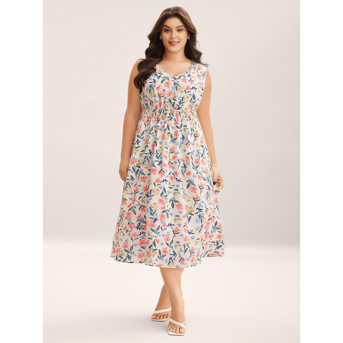 Plus Size Shirred Waist Floral Print Pockets Midi Dress Ivory Women Timeless V-neck Sleeveless Curvy BloomChic 14-16/1X Product Image