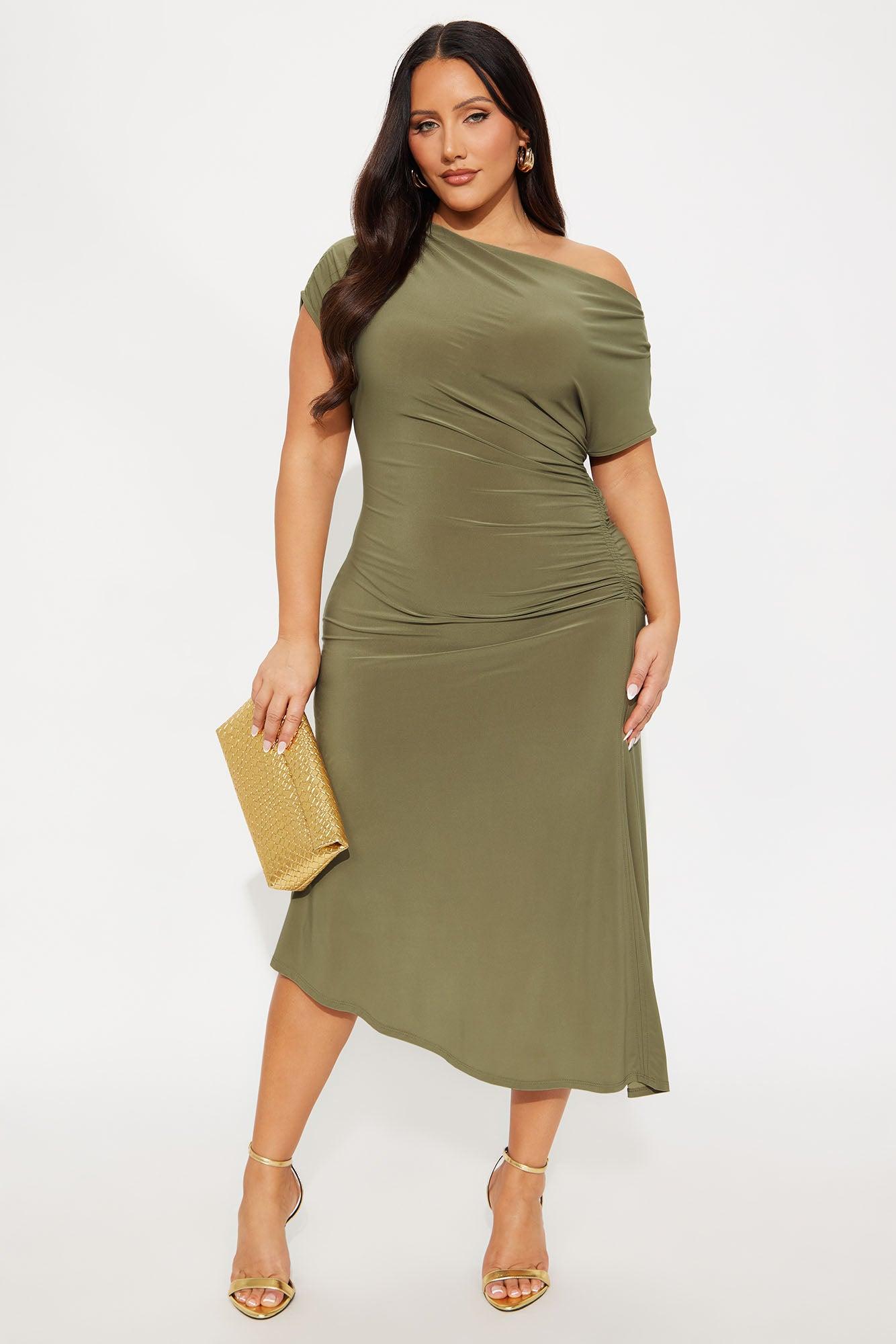 Alexia Asymmetrical Ruched Midi Dress - Olive Female Product Image