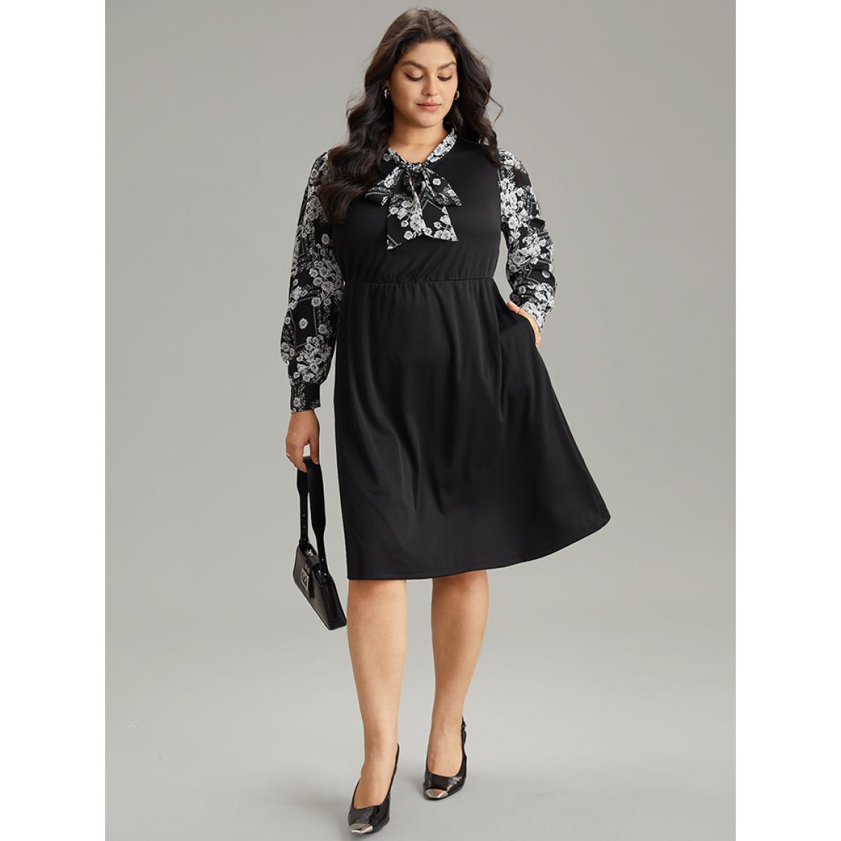 Plus Size Geo Graphic Knot Neck Patchwork Elastic Waist Dress Black Women Office Gathered Tie Neck Long Sleeve Curvy Midi Dress BloomChic 10/M Product Image