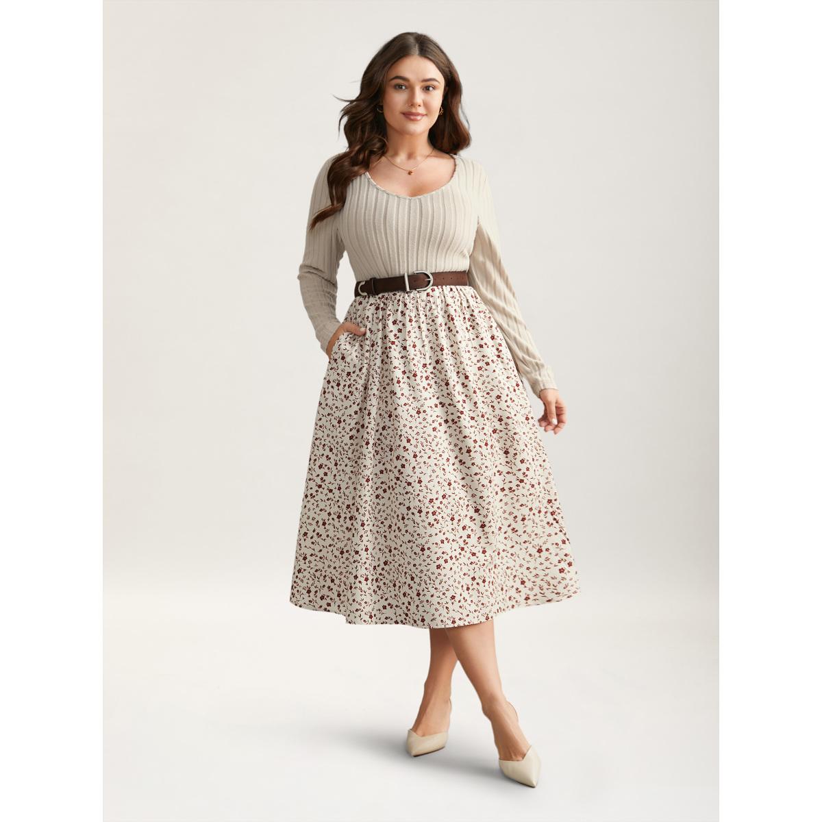 Plus Size Ditsy Floral Patchwork Texture Midi Dress Apricot Women Timeless Texture V-neck Long Sleeve Curvy BloomChic 12/L Product Image