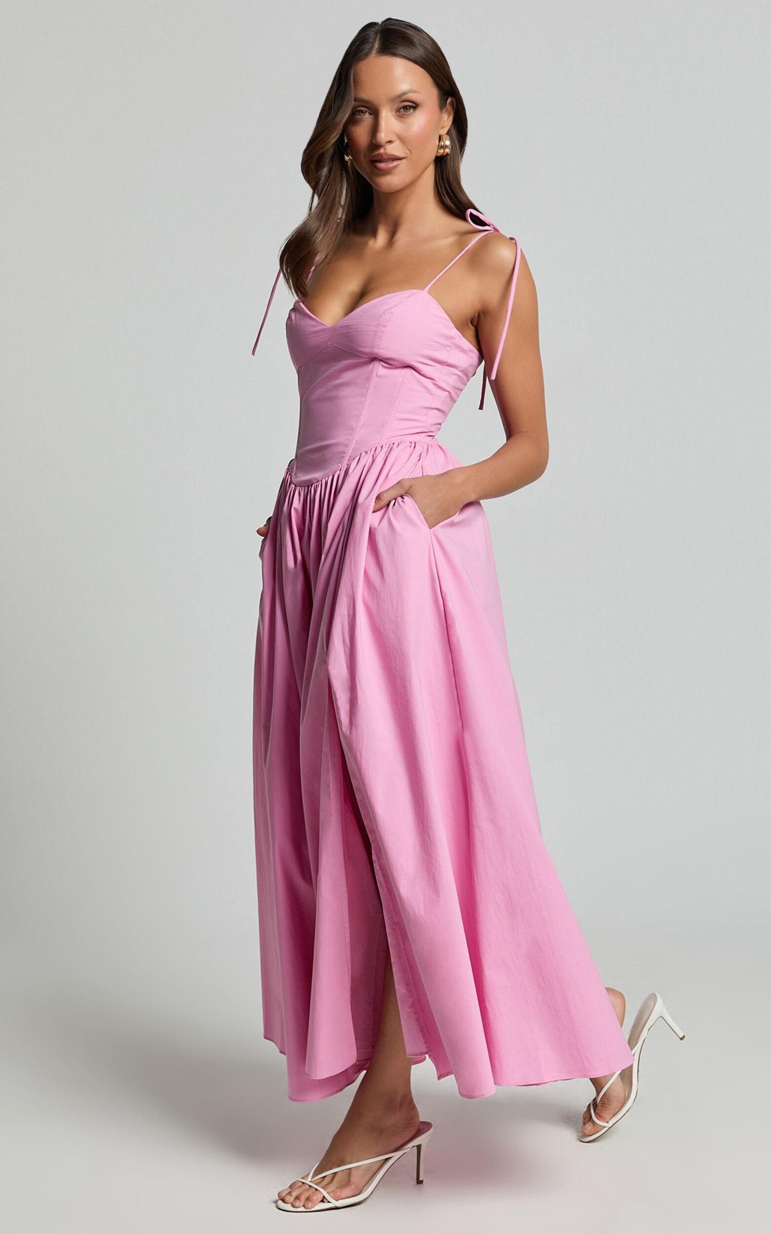 Holly Midi Dress - Corset Lace Up Dress with Split in Musk Pink Product Image