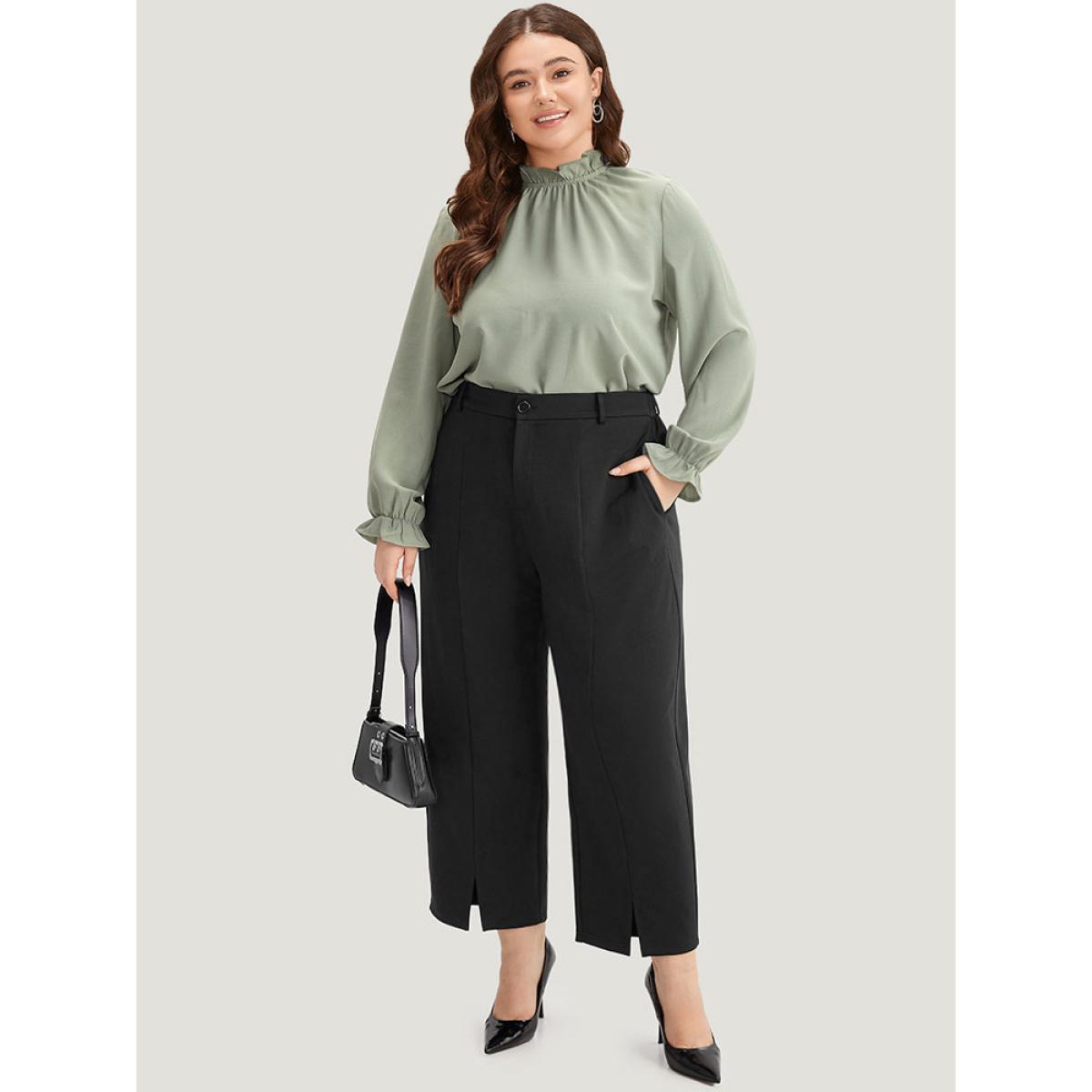 Plus Size Plain Split Front Pleated Pants Women Black At the Office Straight Leg High Rise Office Pants BloomChic 22-24/3X Product Image