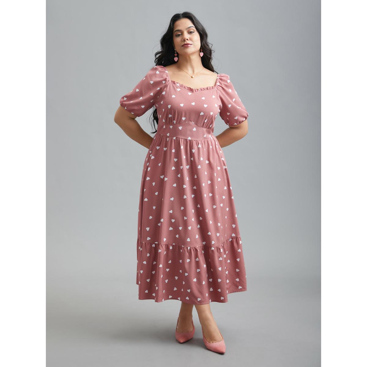 Plus Size Ruffled Stretchy Waist Puff Sleeve Dress DustyPink Women Elegant Gathered Heart neckline Half Sleeve Curvy BloomChic 30/6X Product Image