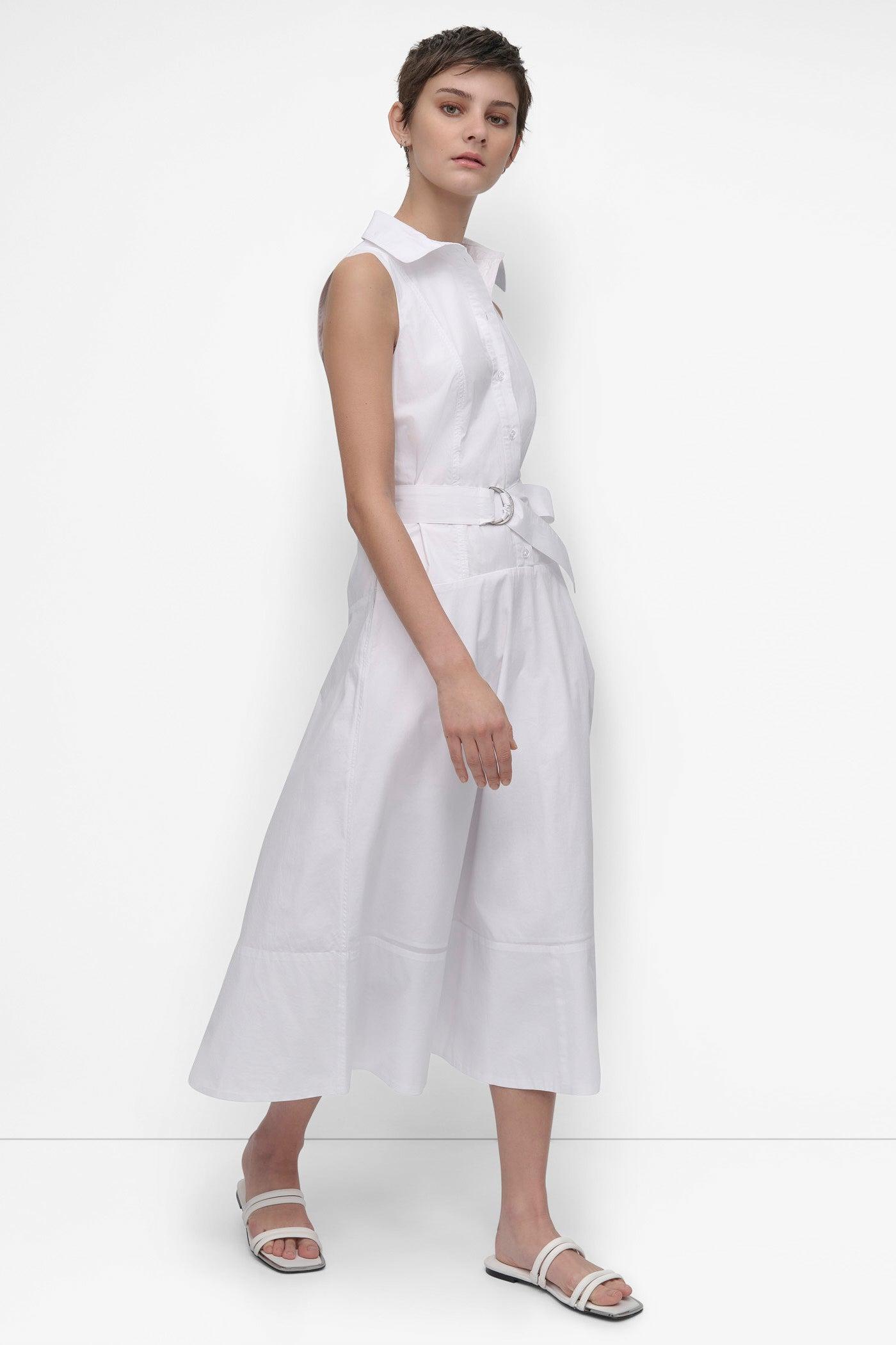 SLEEVELESS BUTTON FRONT POPLIN DRESS WITH SELF BELT Product Image