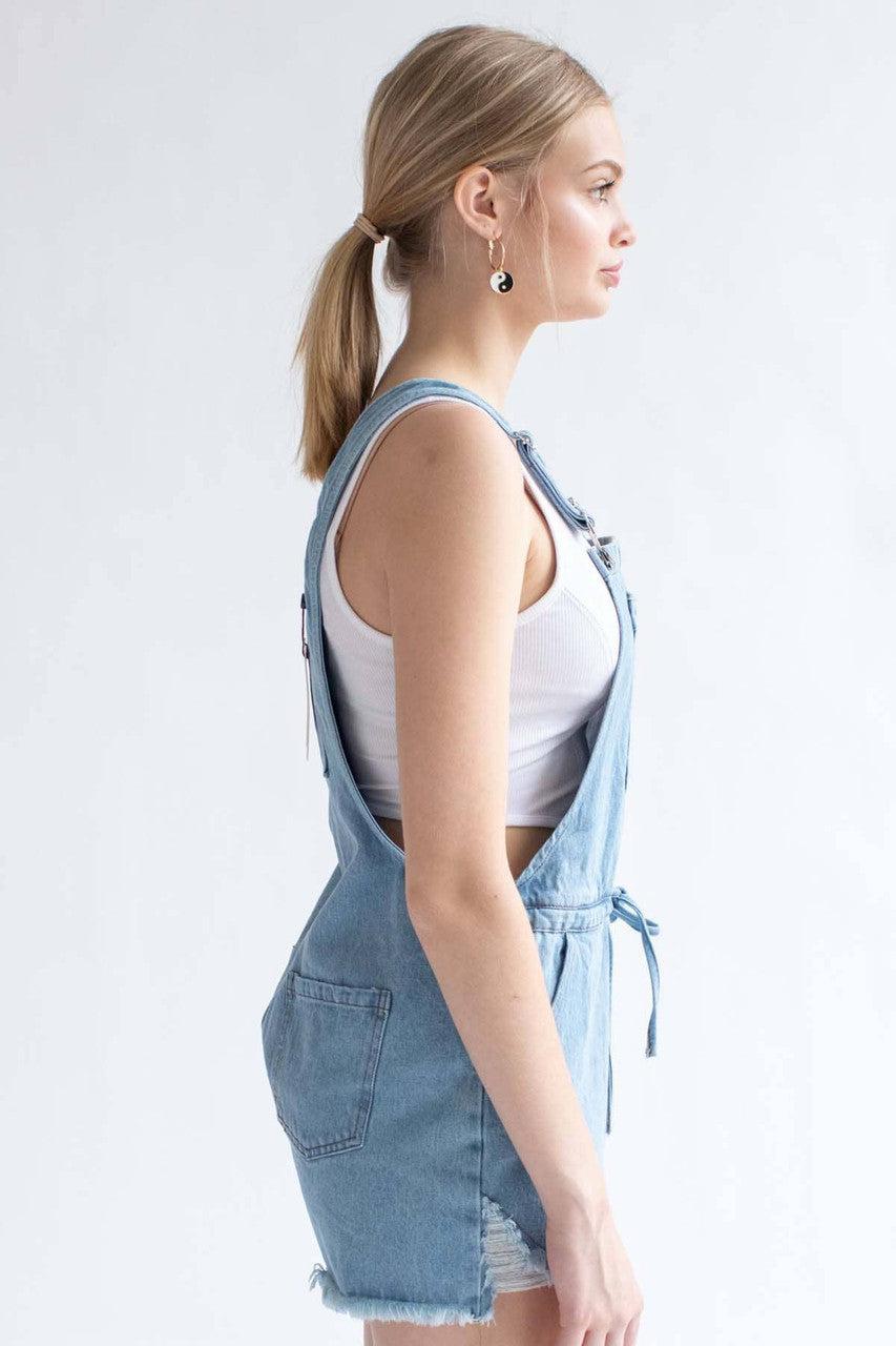 Light Wash Tie Waist Denim Overall Shorts Product Image