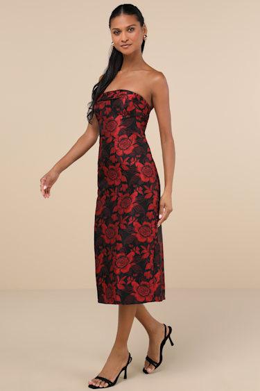 Polished Muse Black and Red Jacquard Strapless Midi Dress Product Image