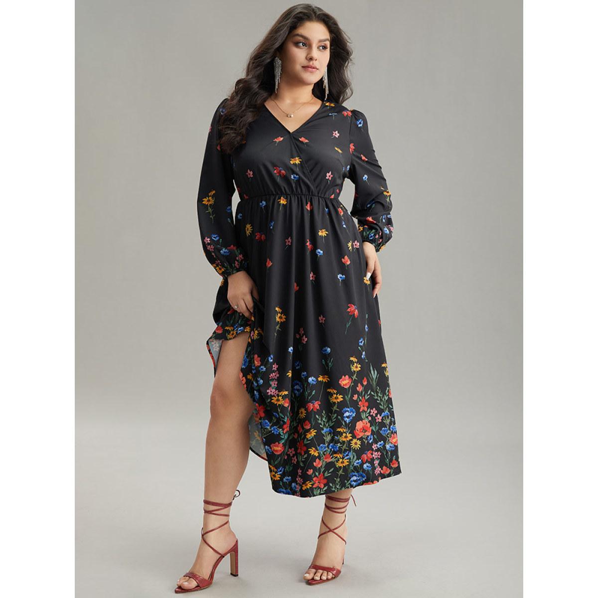 Plus Size Boho Print Overlap Collar Lantern Sleeve Dress Black Women Elegant Elastic cuffs Overlap Collar Long Sleeve Curvy Midi Dress BloomChic 18-20/2X Product Image