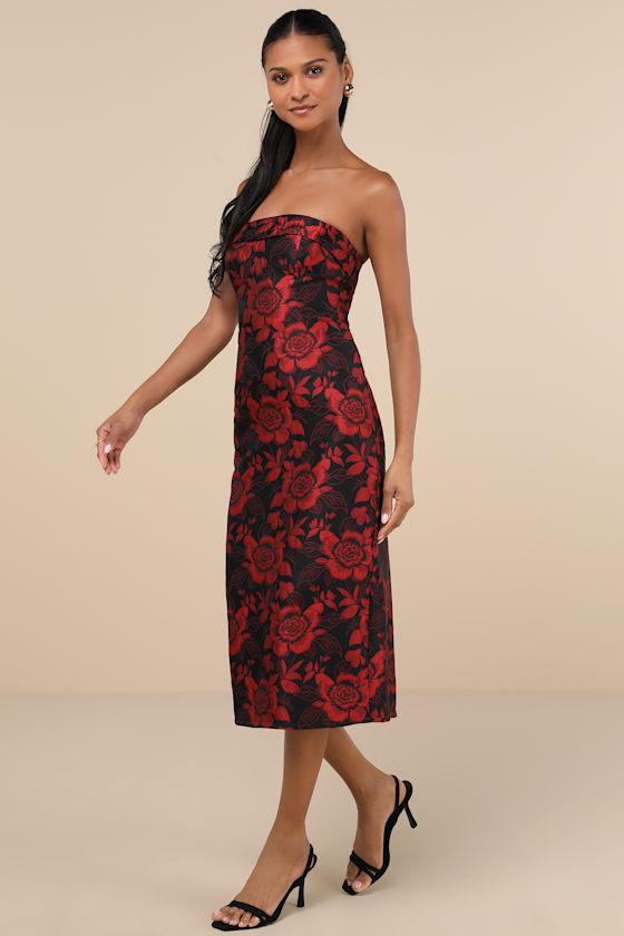 Polished Muse Black and Red Jacquard Strapless Midi Dress Product Image
