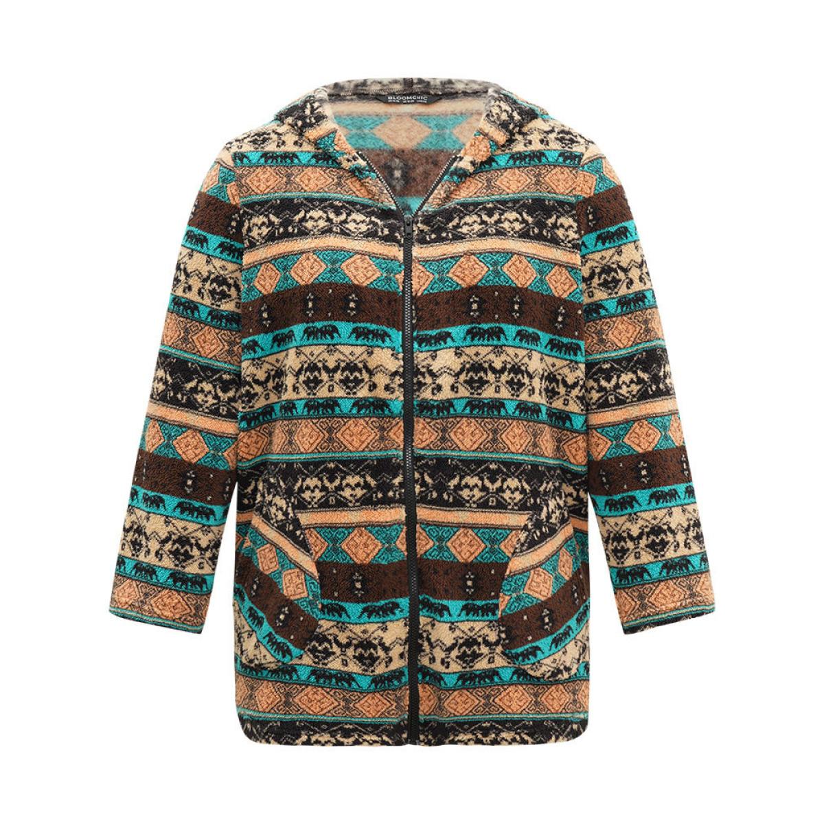 Plus Size Boho Print Zipper Pocket Hooded Jacket Women Salmon Zipper Pocket Dailywear Jackets BloomChic 22-24/3X Product Image