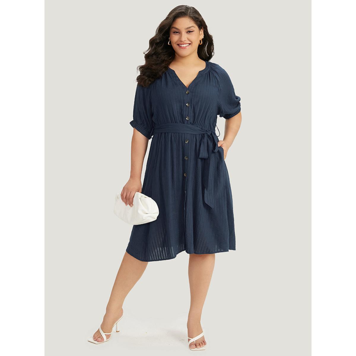 Plus Size Solid Button Through Notched Belted Dress Navy Women Office Elastic cuffs Notched collar Short sleeve Curvy Midi Dress BloomChic 30/6X Product Image