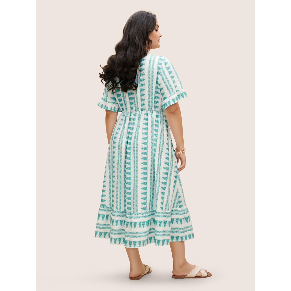 Plus Size Bandana Striped Overlap Collar Flutter Hem Dress Turquoise Women Resort Ruffles Overlap Collar Short sleeve Curvy BloomChic 28/5X Product Image