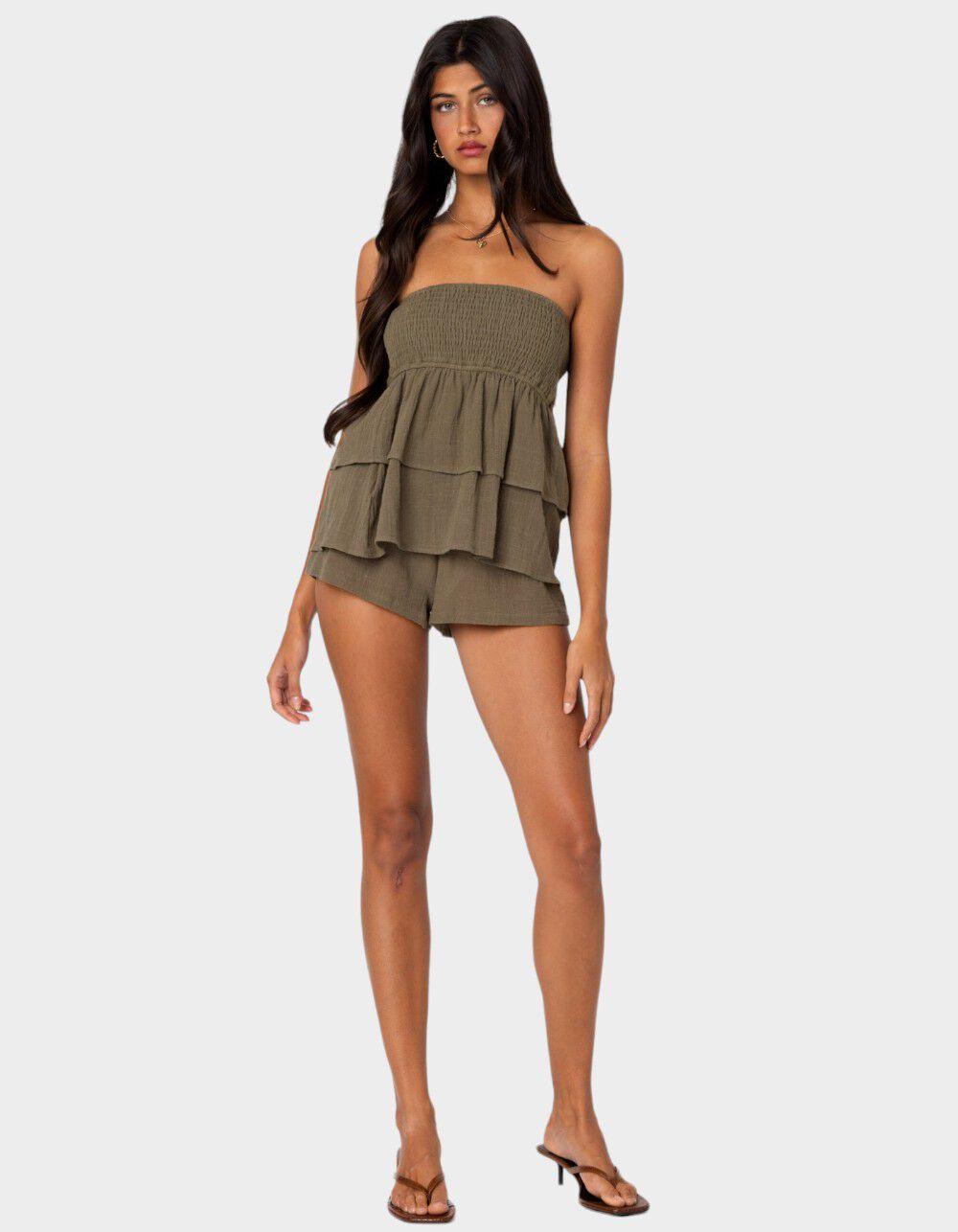 EDIKTED Harleigh Ruffled Linen Look Tube Top - DK GREEN Product Image