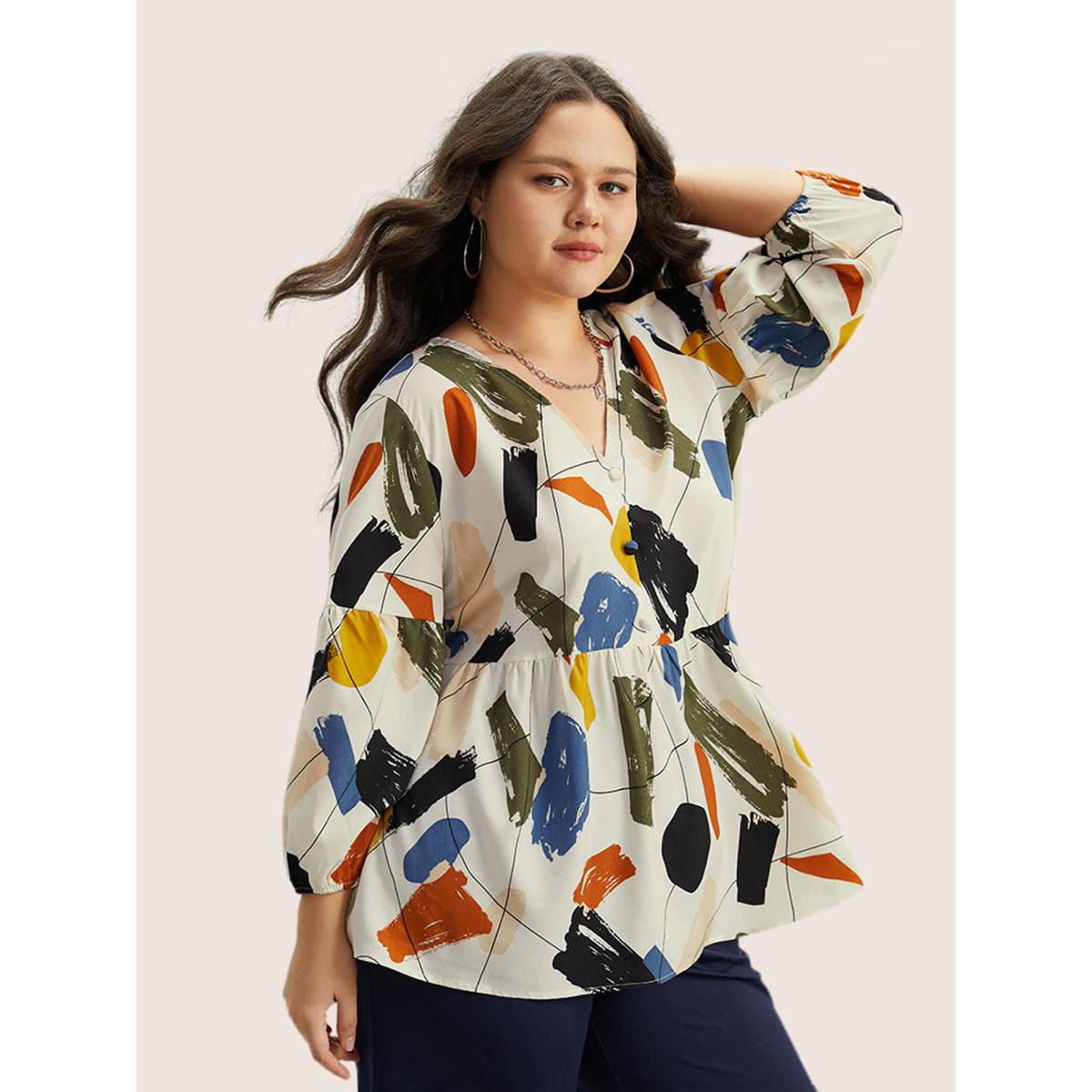 Plus Size Ivory Brush Print Button Detail Elastic Cuffs Blouse Women Playful Long Sleeve V-neck Casual Blouses BloomChic 18-20/2X Product Image