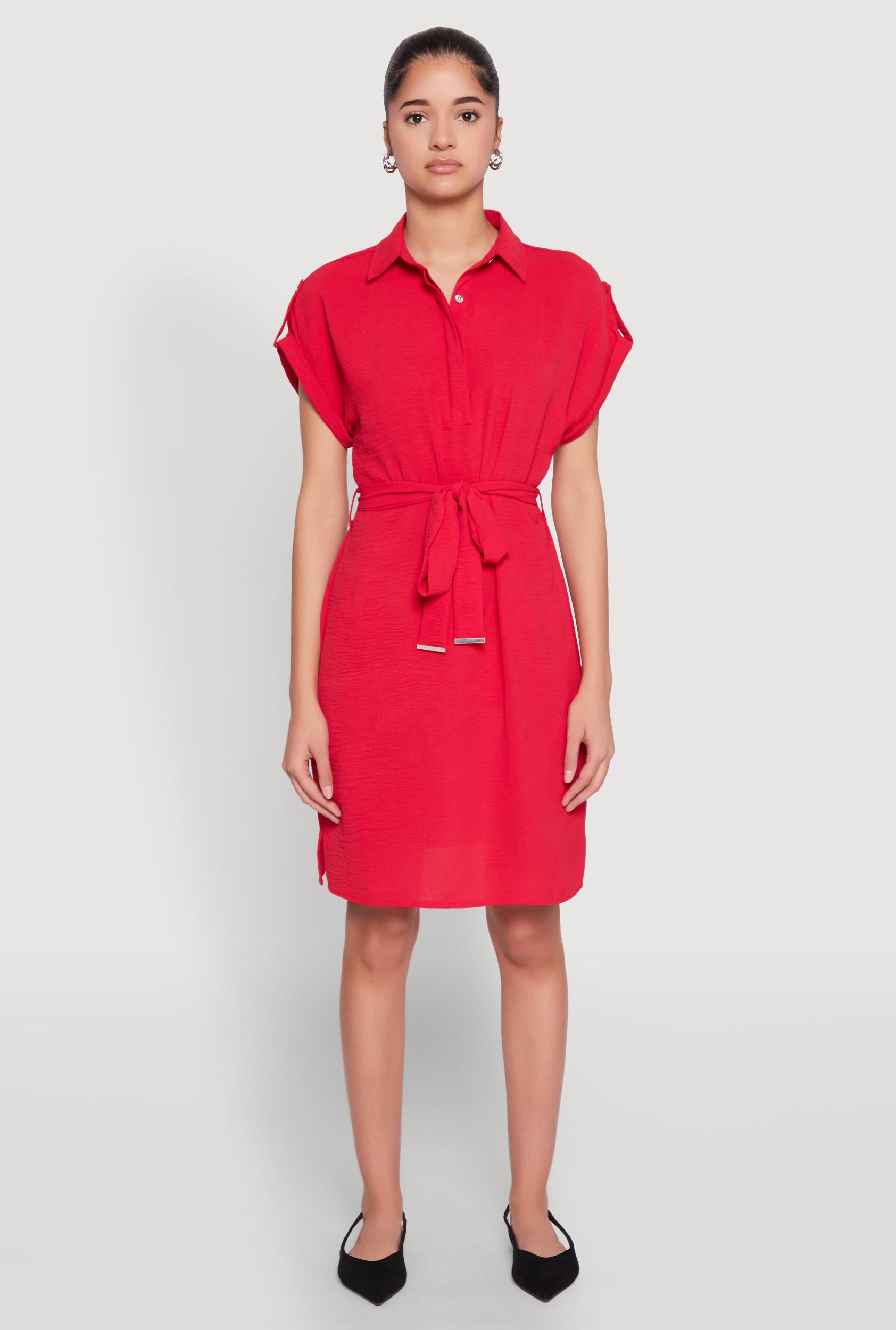 Womens Crepe Knit Tie Waist Belted Shirt Dress Product Image