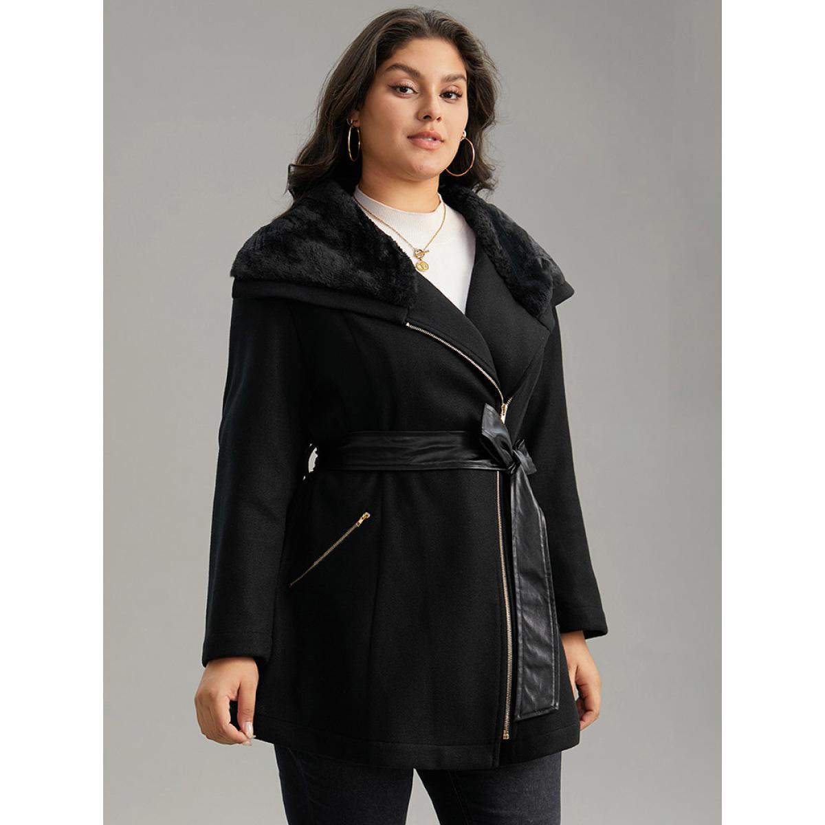 Plus Size Solid Zipper Belted PU Leather Knot Fuzzy Trim Coat Women Black Casual Plain Ladies Dailywear Winter Coats BloomChic 10/M Product Image