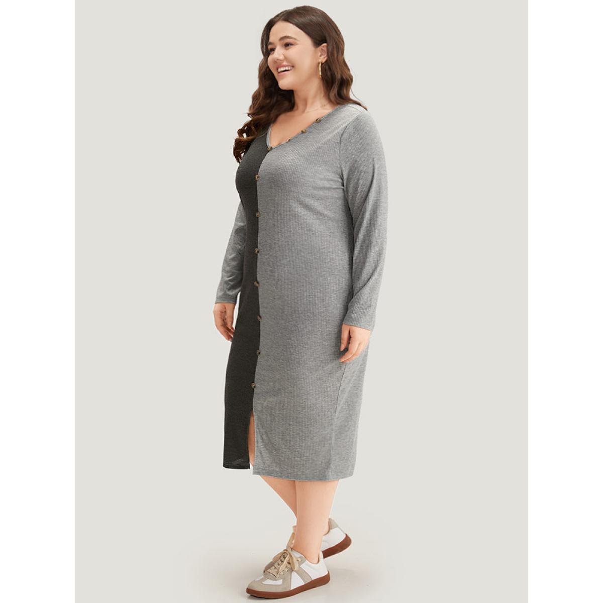 Plus Size Two Tone V Neck Button Detail Split Front Dress LightGray Women Casual Plain V-neck Half Sleeve Curvy Midi Dress BloomChic 30/6X Product Image