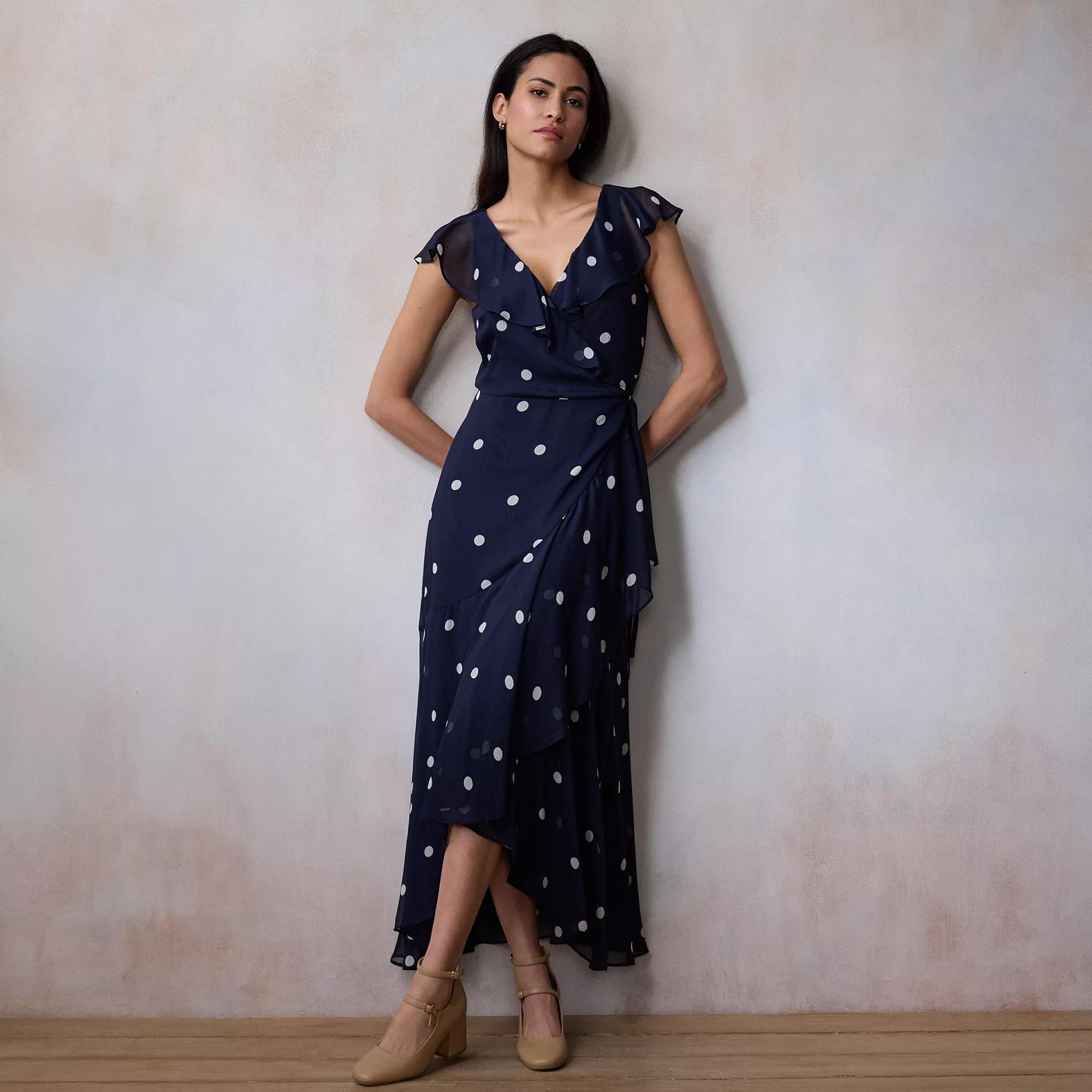 Petite LC Lauren Conrad Flutter Ruffle Wrap Maxi Dress, Women's, Size: Medium Petite, Blue Audrey Dot Product Image