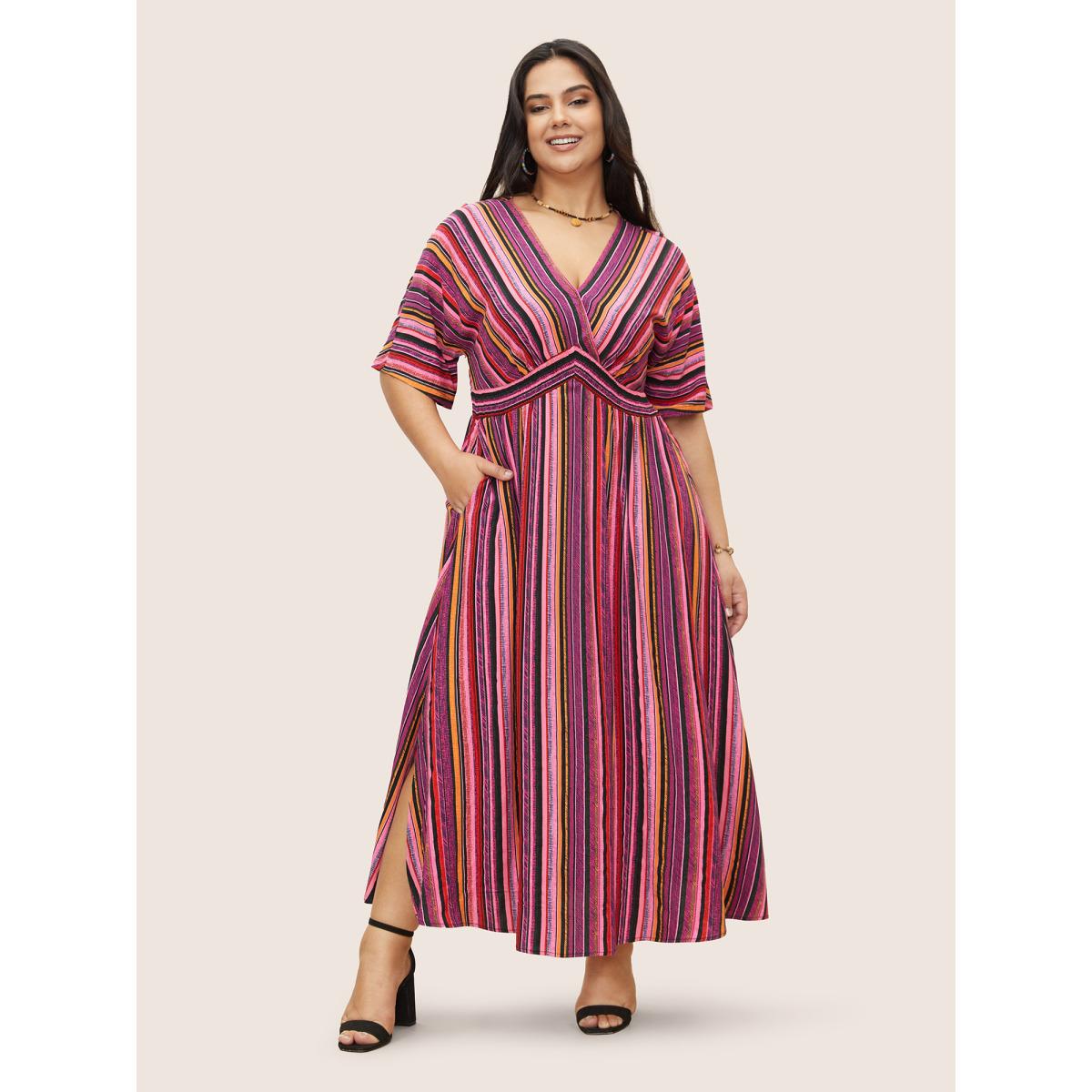 Plus Size Striped Contrast Dolman Sleeve Shirred Pocket Split Flutter Dress RedViolet Women Resort Non V-neck Half Sleeve Curvy BloomChic 14-16/1X Product Image