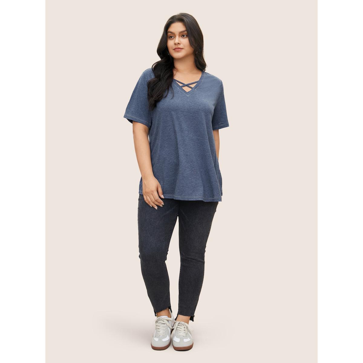 Plus Size Solid Crisscross Neck Contrast Stitch T-shirt DarkBlue Women Leisure Plain V-neck Casual T-shirts BloomChic 14-16/1X Product Image