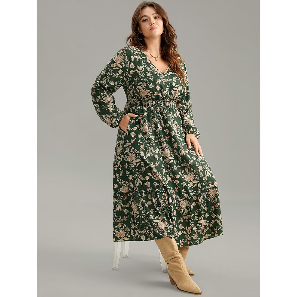 Plus Size Floral Shirred Pocket Lantern Sleeve Dress DarkGreen Women Elegant Elastic cuffs V-neck Long Sleeve Curvy Midi Dress BloomChic 14-16/1X Product Image