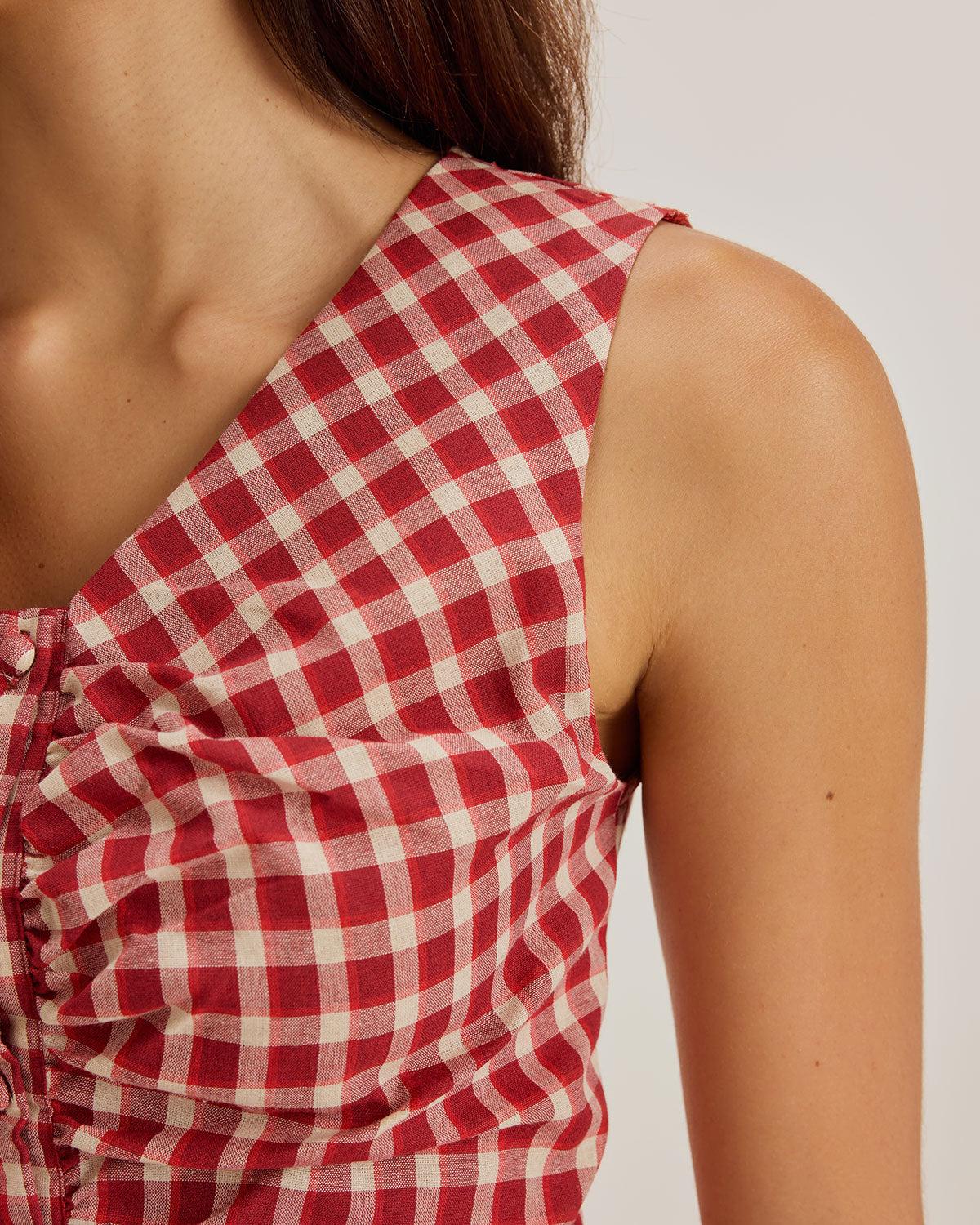 Red Plaid V Neck Ruffle Tank Top Product Image