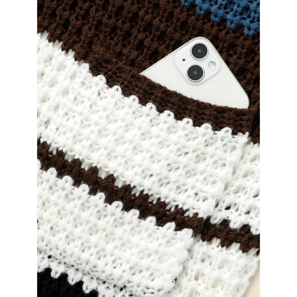 Plus Size Colorblock Contrast Patched Pocket Cardigan DarkBrown Women Casual Loose Long Sleeve Everyday Cardigans BloomChic 26/4X Product Image