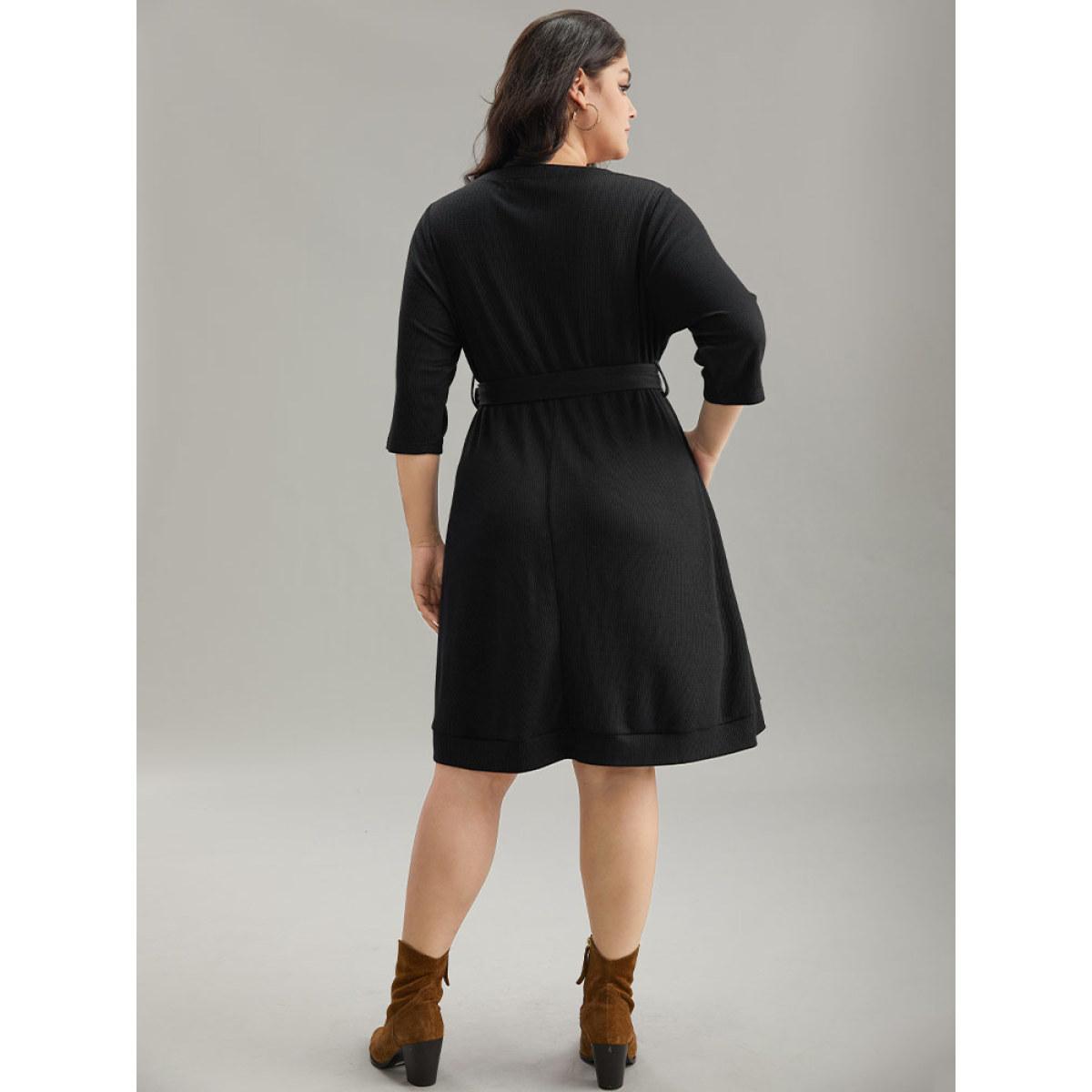 Plus Size Waffle Knit Button Detail Belted Dress Black Women Casual Plain V-neck Elbow-length sleeve Curvy Midi Dress BloomChic 26/4X Product Image