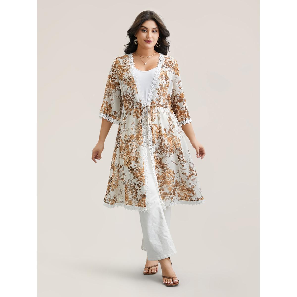 Plus Size Chiffon Floral Print Lace Open-Front Kimono Women Originalwhite Elegant Woven ribbon&lace trim Everyday Kimonos BloomChic 22-24/3X Product Image