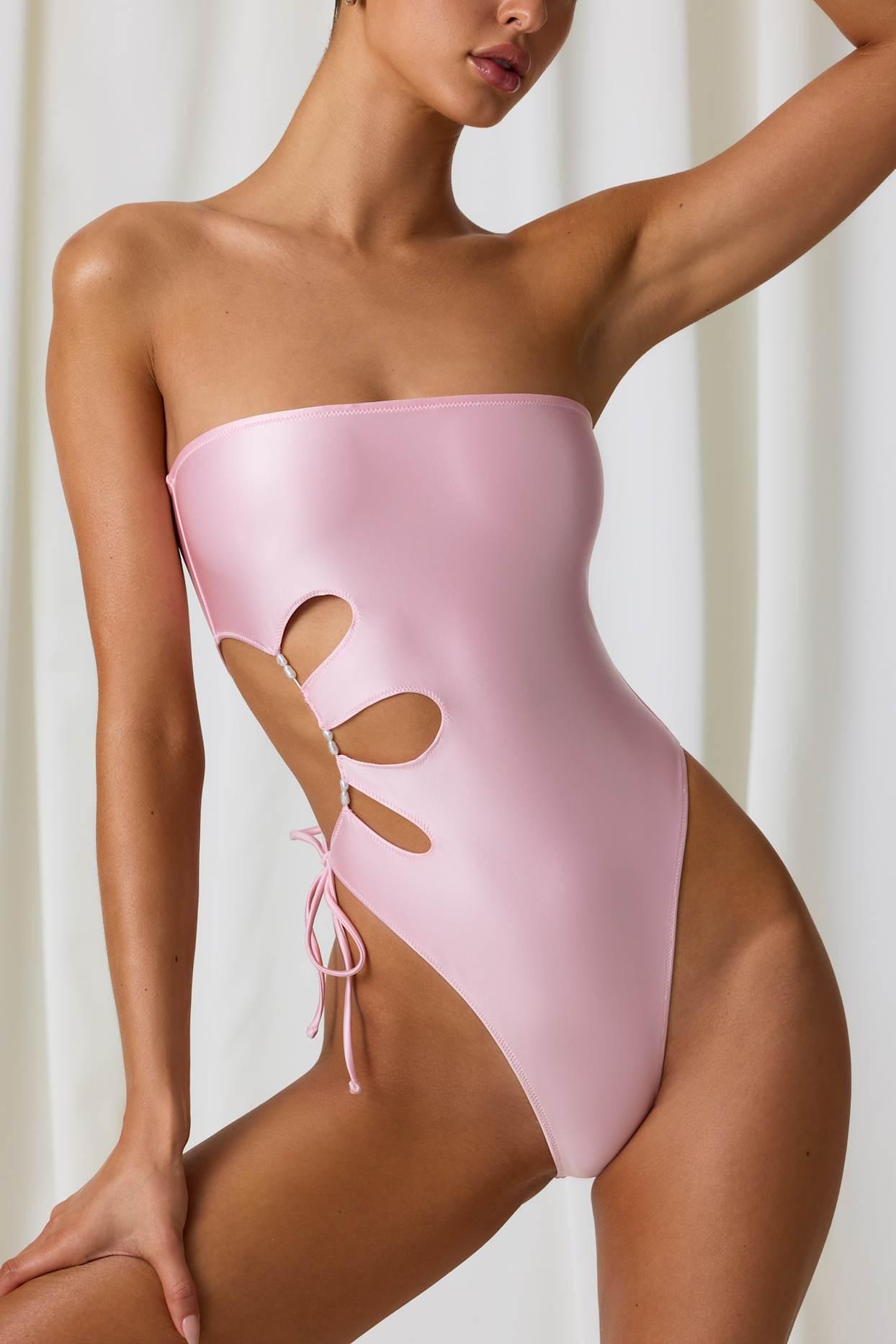 Pearl-Detail Cut-Out Bandeau Swimsuit in Soft Pink Product Image