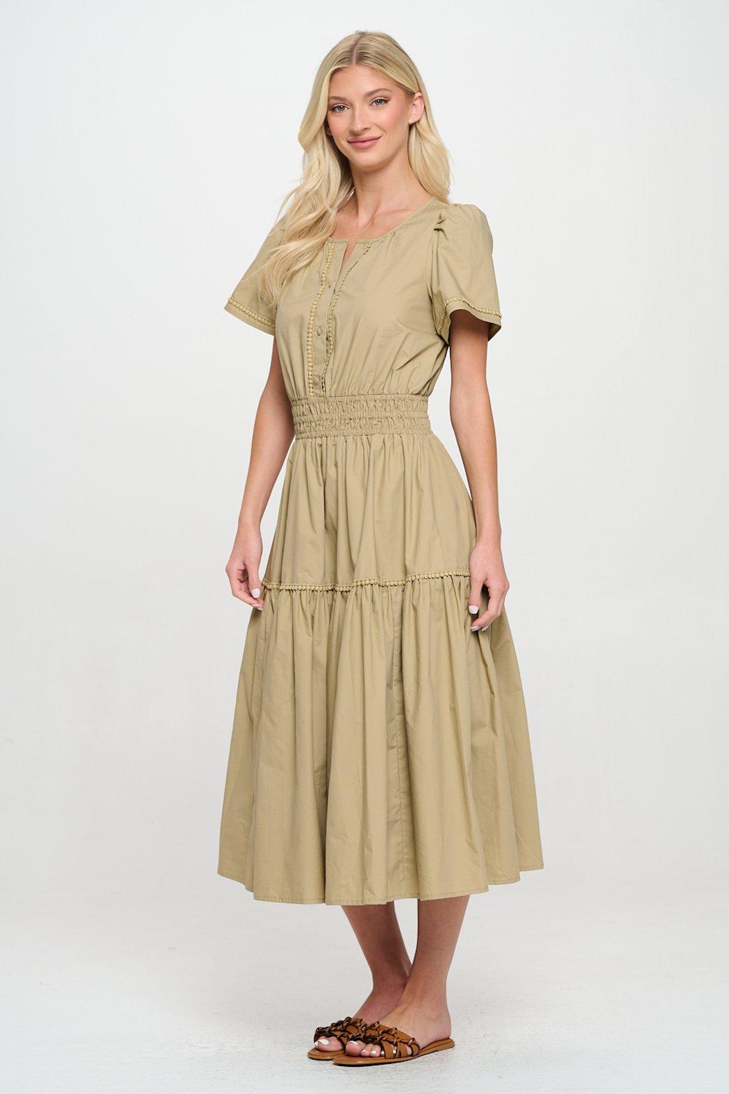 Taupe Poplin Croche Trim Maxi Dress Product Image