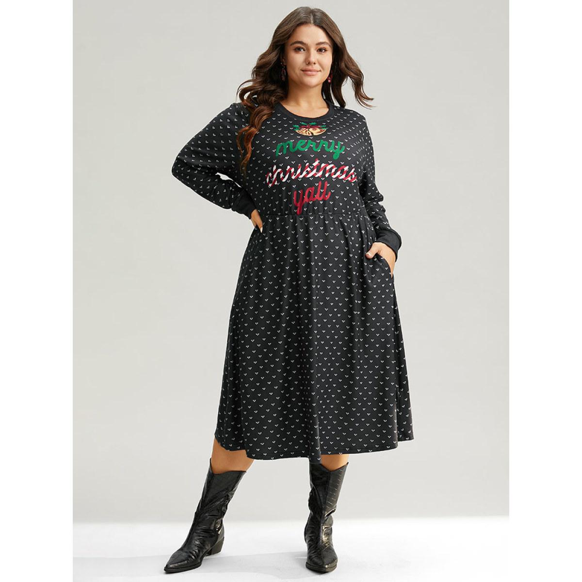 Plus Size Christmas Letter Print Pocket Elastic Waist Dress Black Women Casual Printed Round Neck Long Sleeve Curvy Midi Dress BloomChic 28/5X Product Image