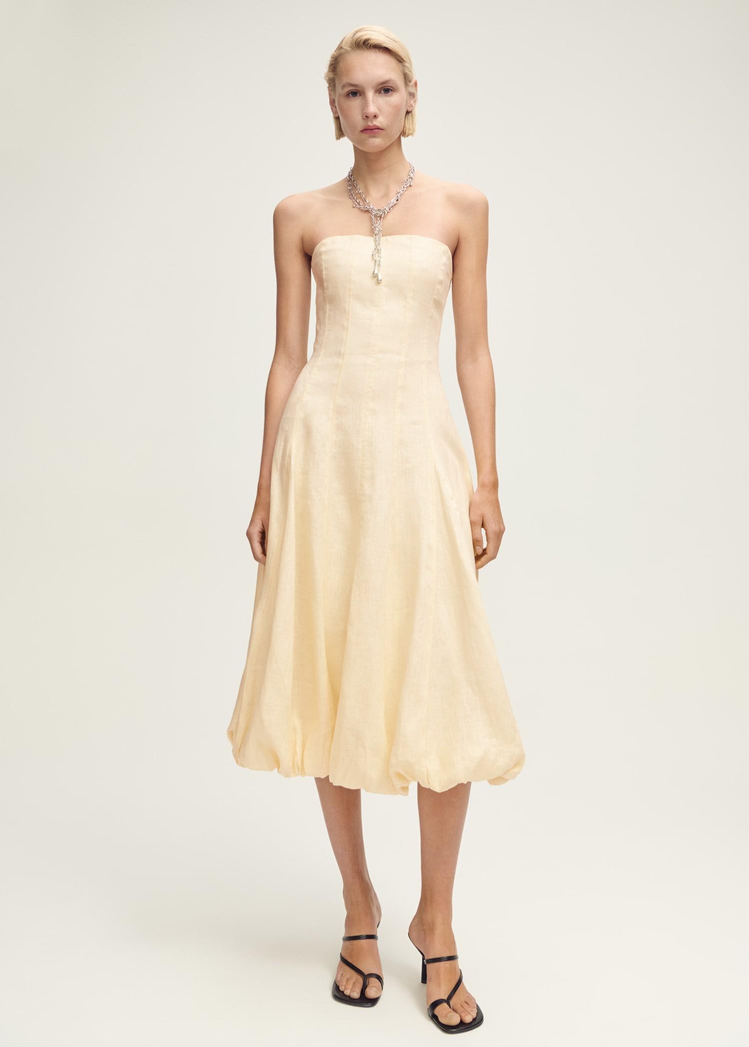 Linen dress with puffed hem - Women | MANGO USA Product Image