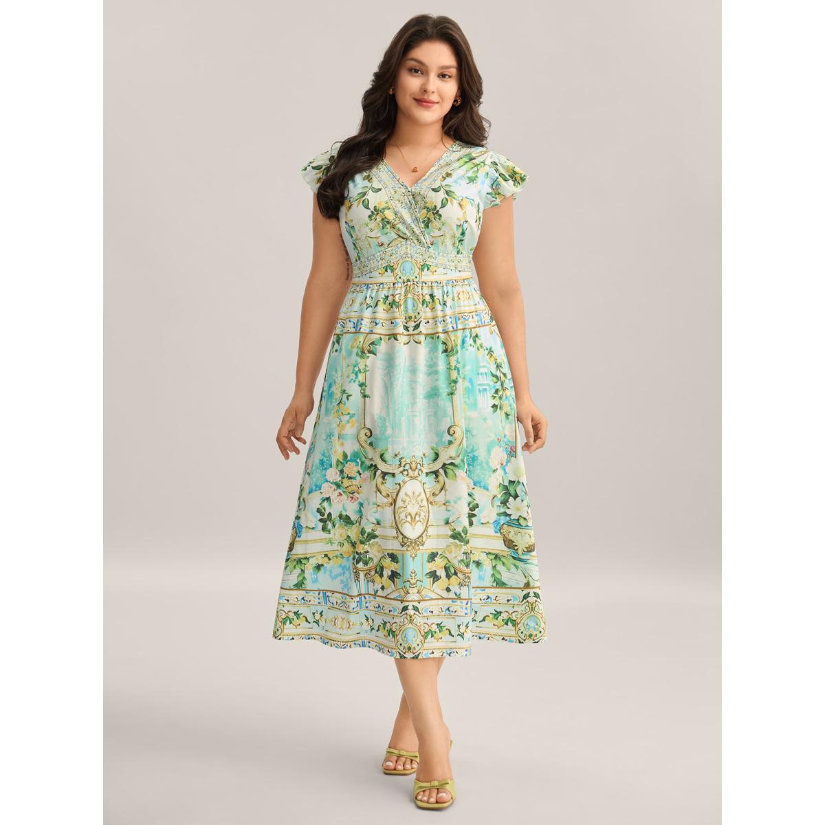 Plus Size Breezy Print Surplice Neck Ruffled Midi Dress Malachitegreen Women Overlap Collar Cap Sleeve Curvy BloomChic 18-20/2X Product Image