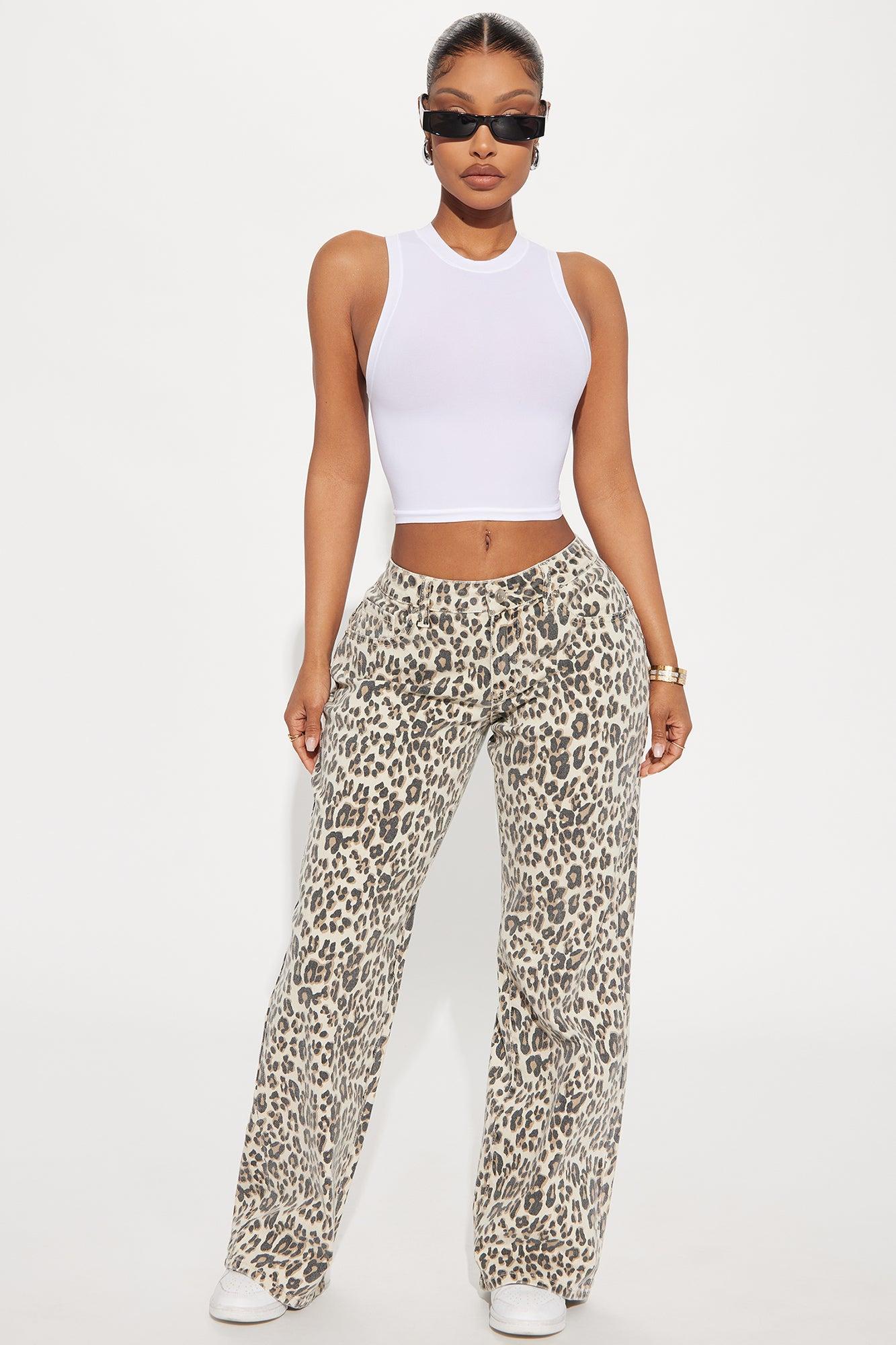Wild Instincts Leopard Print Straight Leg Jeans - Brown/combo Product Image