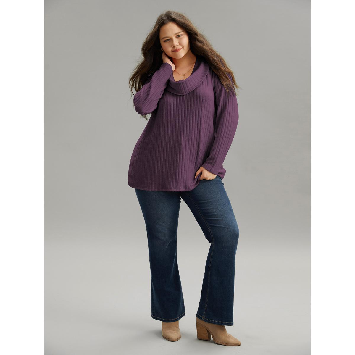 Plus Size Plain Rib Knit Cowl Neck T-shirt Eggplant Women Elegant Texture Plain Ruffled collar Dailywear T-shirts BloomChic 18-20/2X Product Image