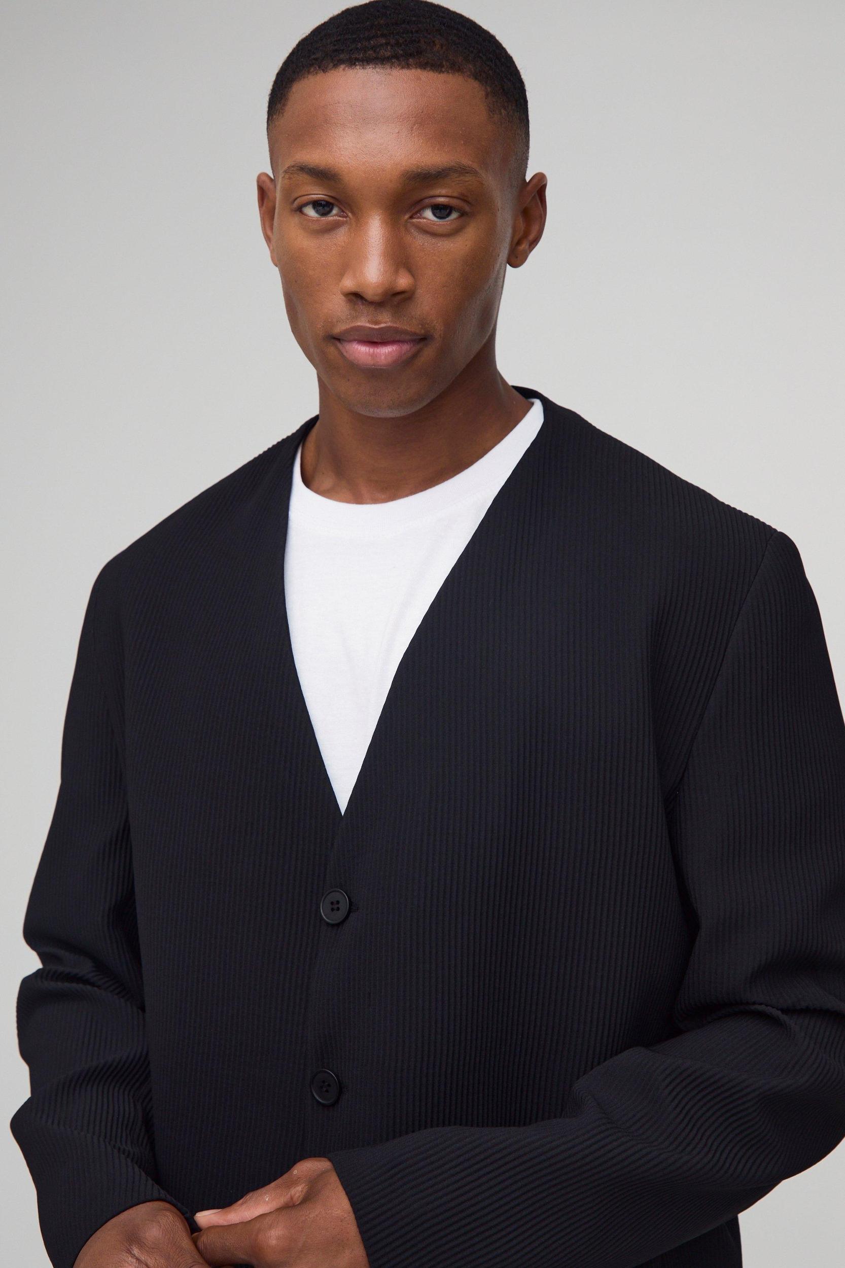 Oversized Collarless Pleated Blazer | boohooMAN USA Product Image
