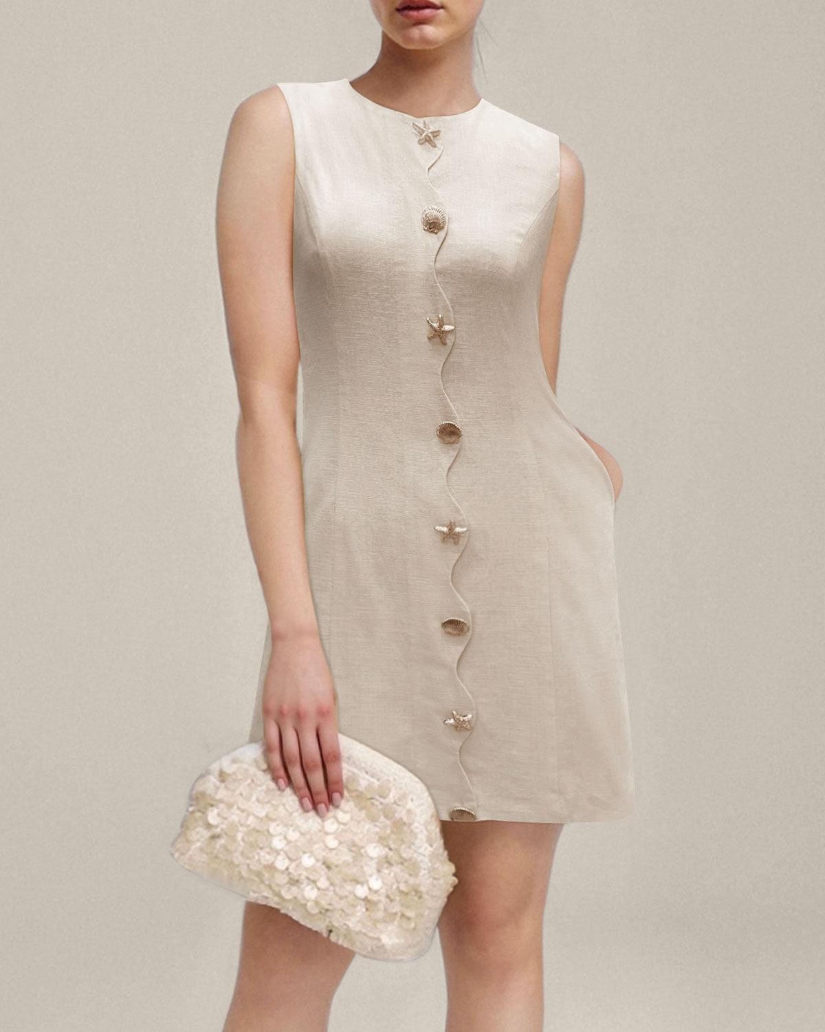 Yellow Round Neck Button Sleeveless Mini Dress Product Image