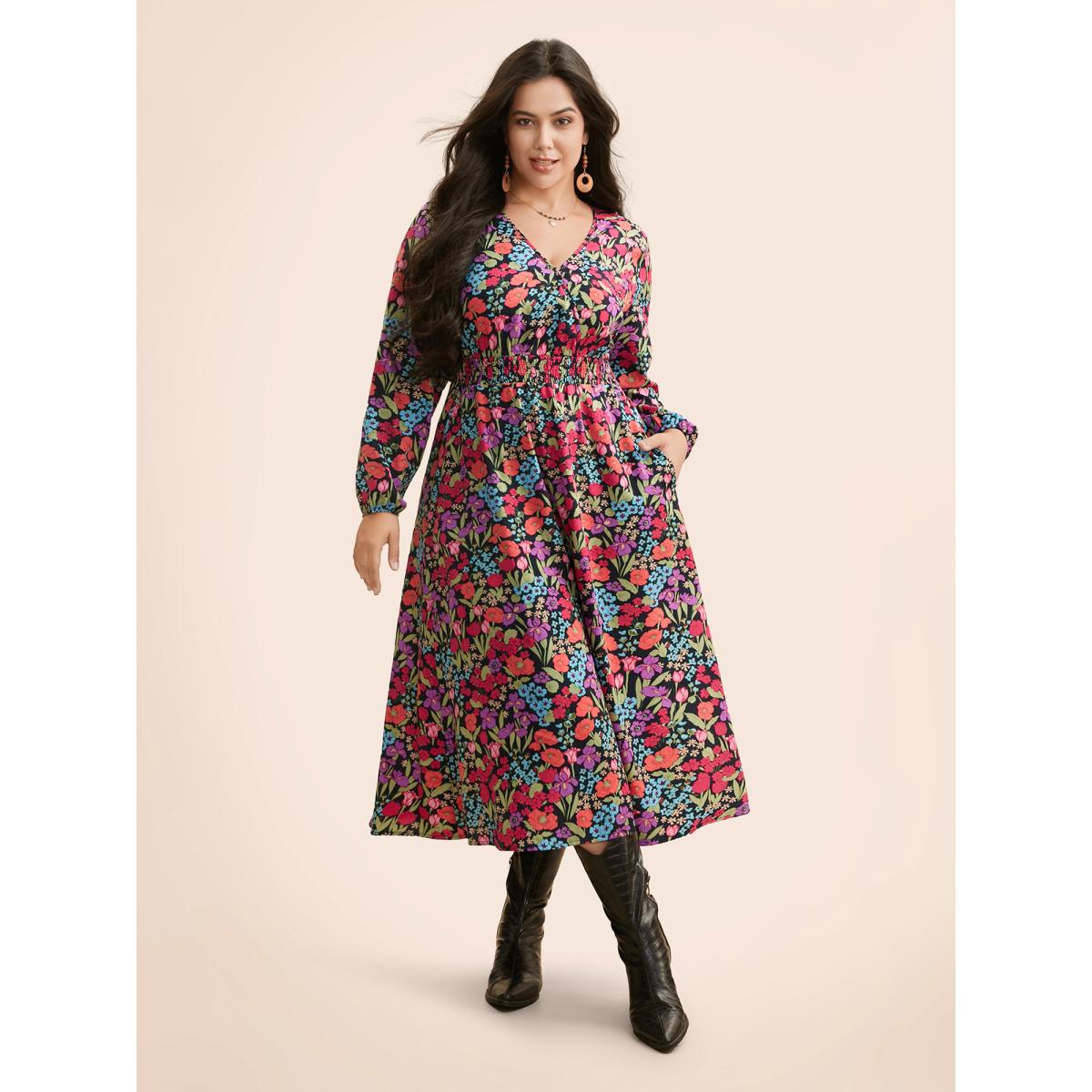 Plus Size Floral Overlap Collar Shirred Dress BlackFlower Women Elegant Shirred Overlap Collar Long Sleeve Curvy BloomChic 22-24/3X Product Image