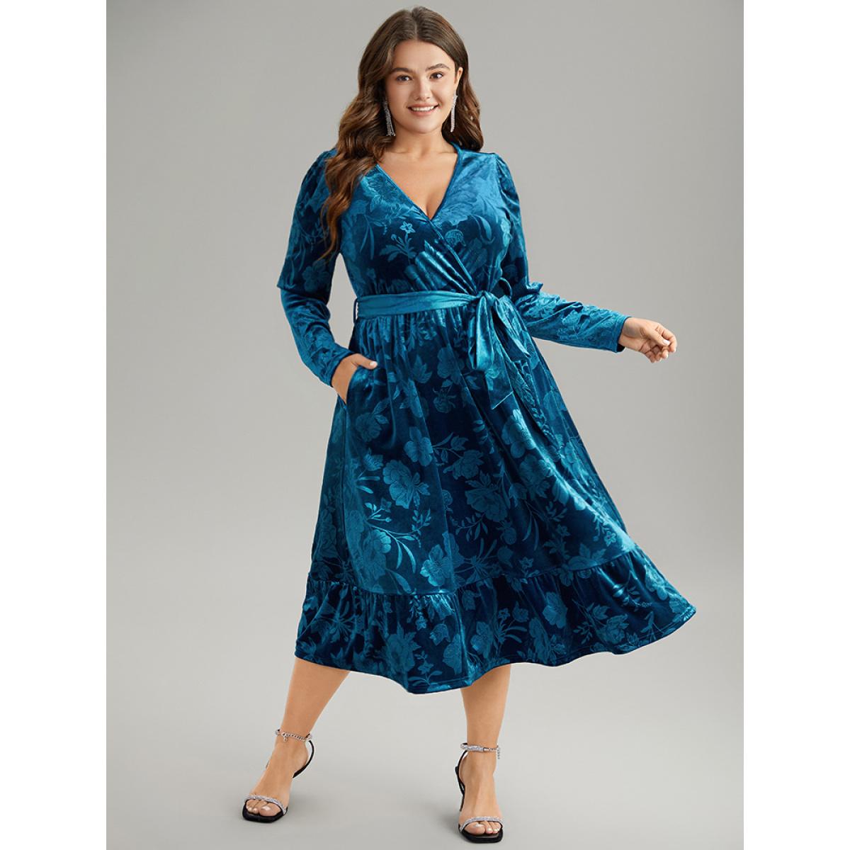Plus Size Velvet Silhouette Floral Print Belted Wrap Dress Blue Women Party Wrap Overlap Collar Long Sleeve Curvy Midi Dress BloomChic 12/L Product Image
