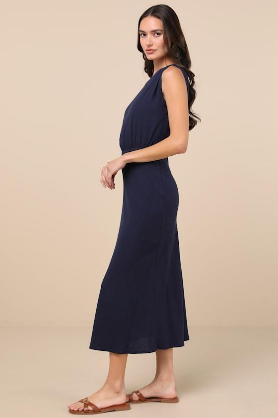 Casual Enchantment Navy Linen Off-the-Shoulder Midi Dress Product Image
