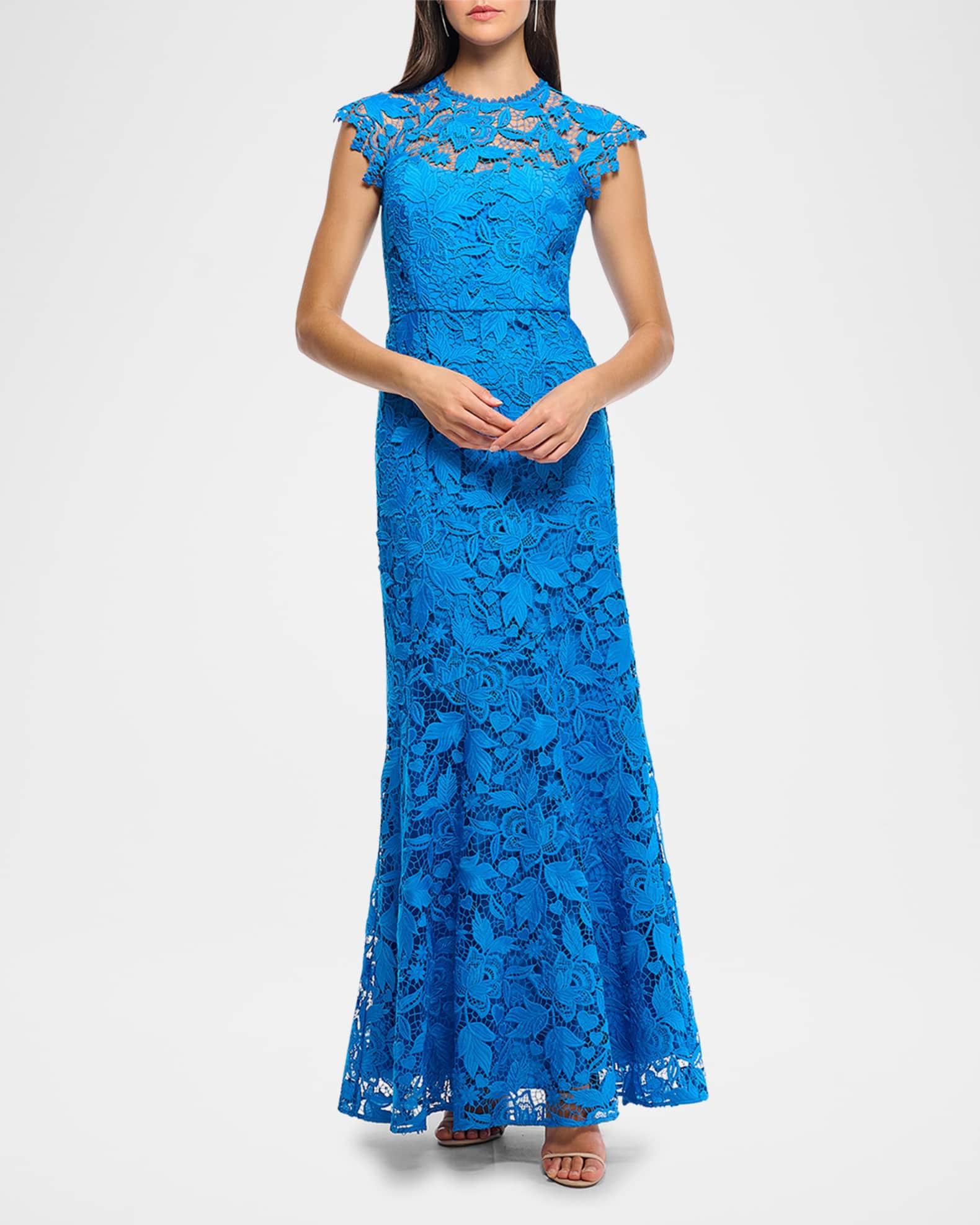Raven Cap-Sleeve Floral Lace Gown Product Image