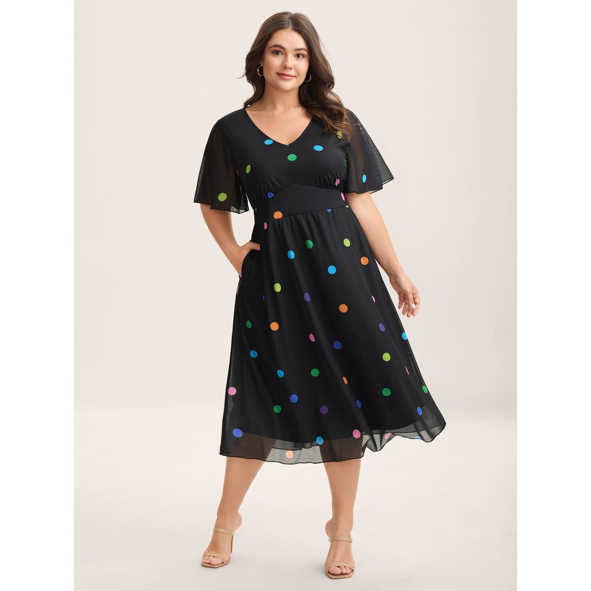 Plus Size Super Stretchy Polka Dot Pockets Midi Dress BlackFlower Women V-neck Short sleeve Curvy BloomChic 22-24/3X Product Image