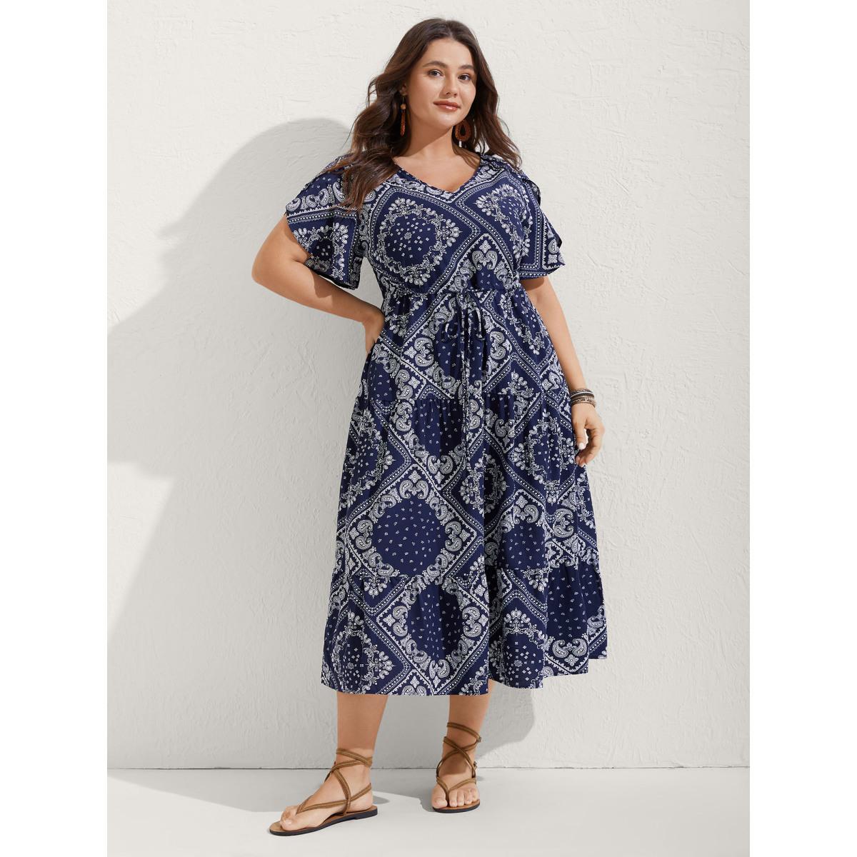 Plus Size Paisley Print Waist Drawstring Midi Dress Navy Women Boho Petal edge V-neck Short sleeve Curvy BloomChic 18-20/2X Product Image