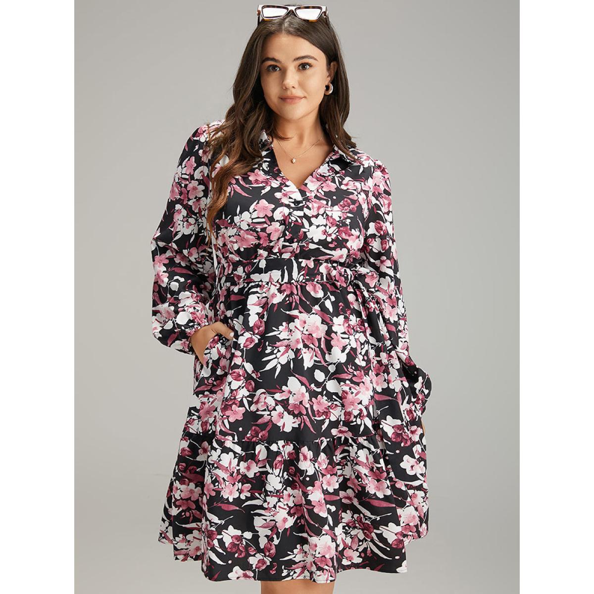 Plus Size Floral Print Belted Shirt Collar Dress Black Women Elegant Elastic cuffs V-neck Long Sleeve Curvy Knee Dress BloomChic 30/6X Product Image