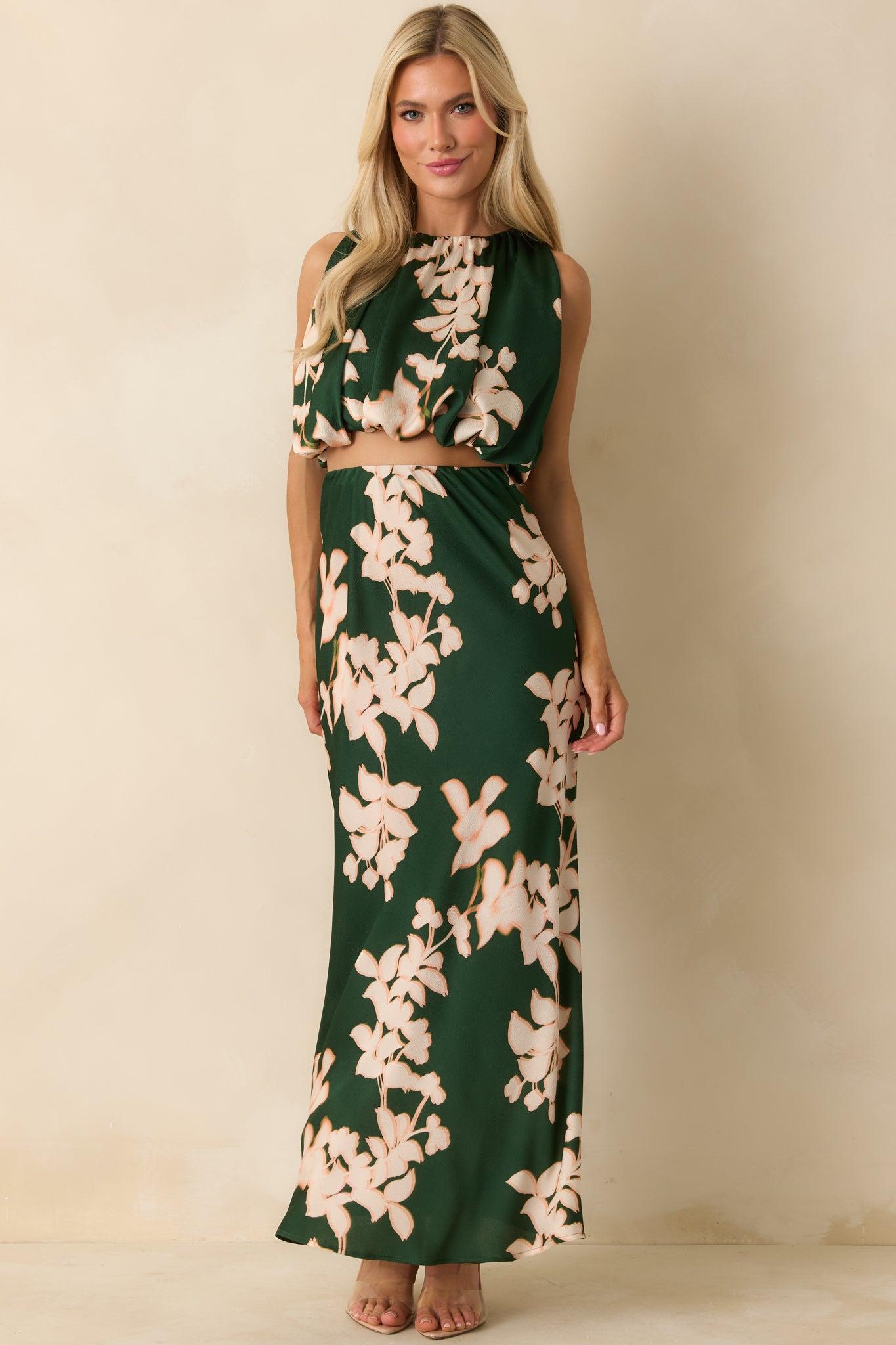 MINKPINK Vilma Green Floral Rouched Crop Top L / Green Product Image